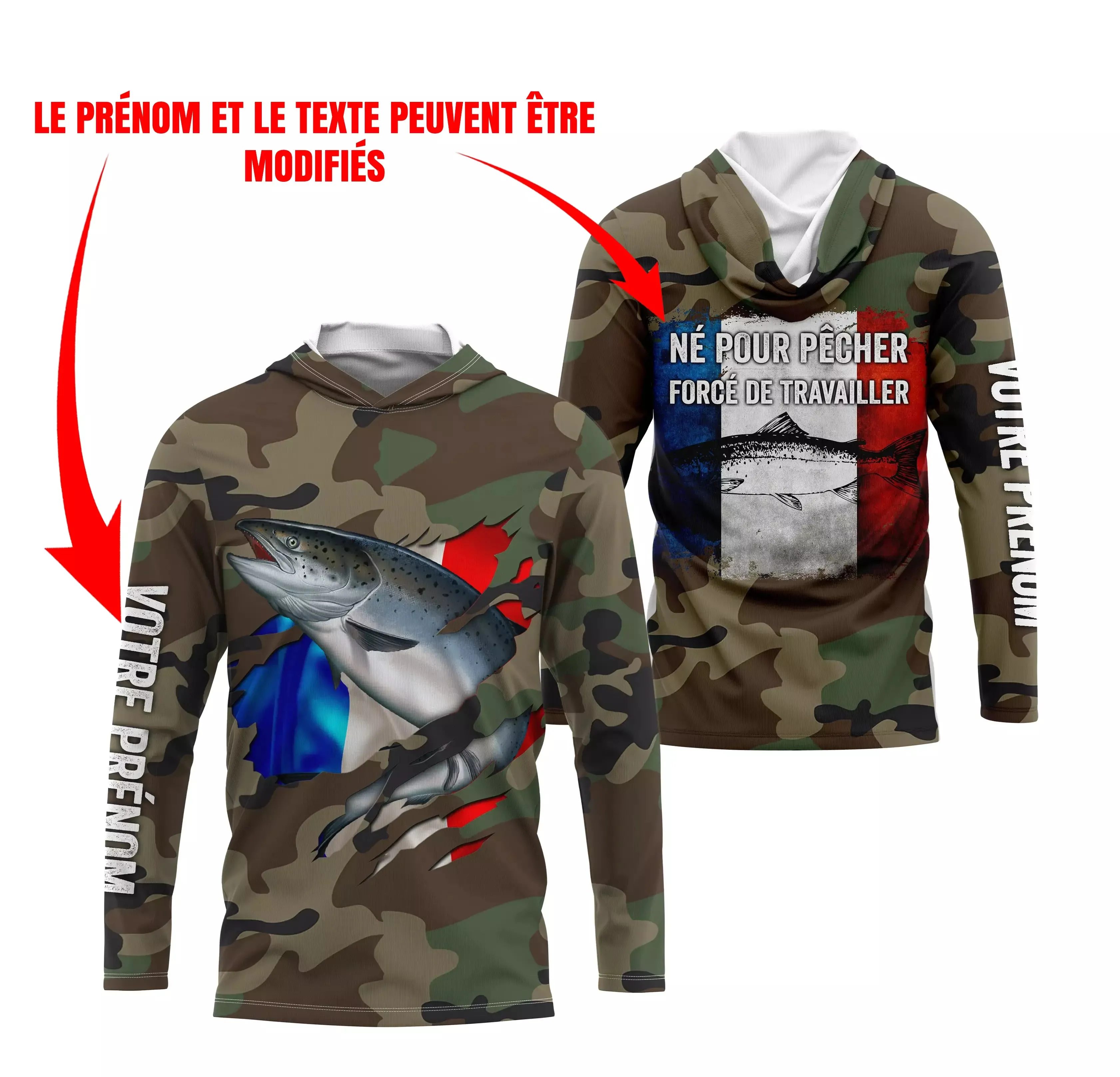 Salmon Fishing Gift, Camo Design, French Flag, Personalized Gift, Born to Fish - Work Forced.