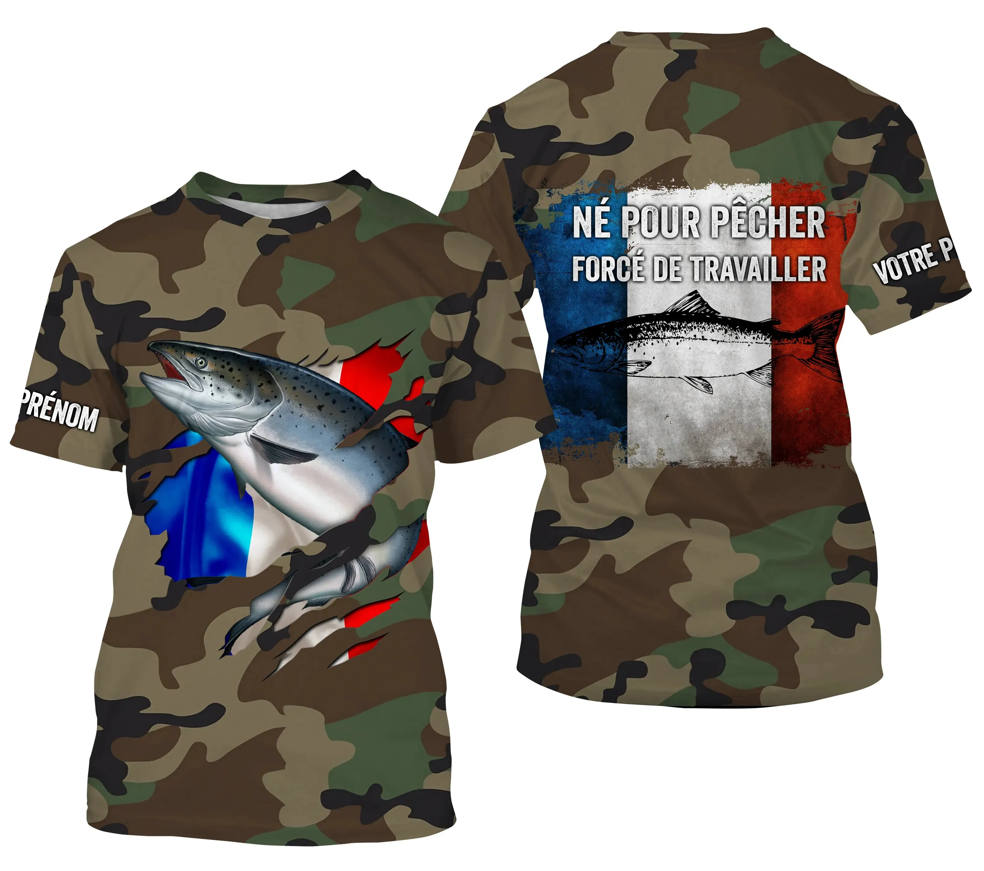 Salmon Fishing Gift, Camo Design, French Flag, Personalized Gift, Born to Fish - Work Forced.