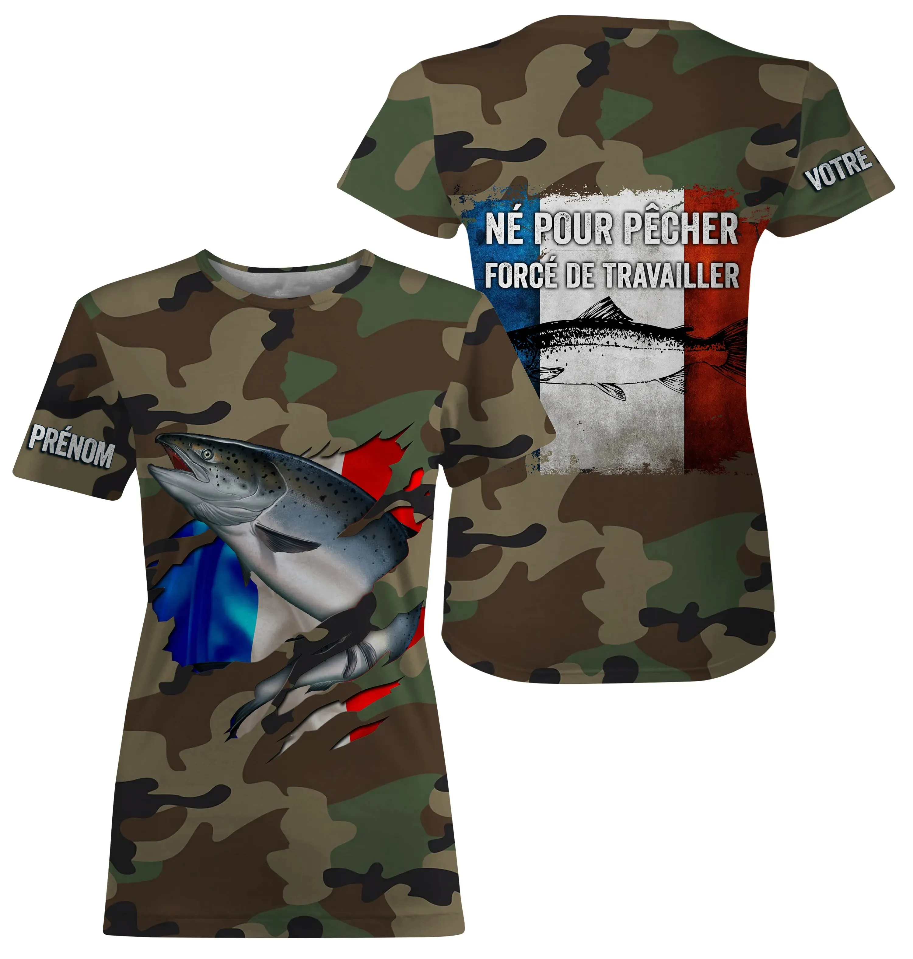 Salmon Fishing Gift, Camo Design, French Flag, Personalized Gift, Born to Fish - Work Forced.