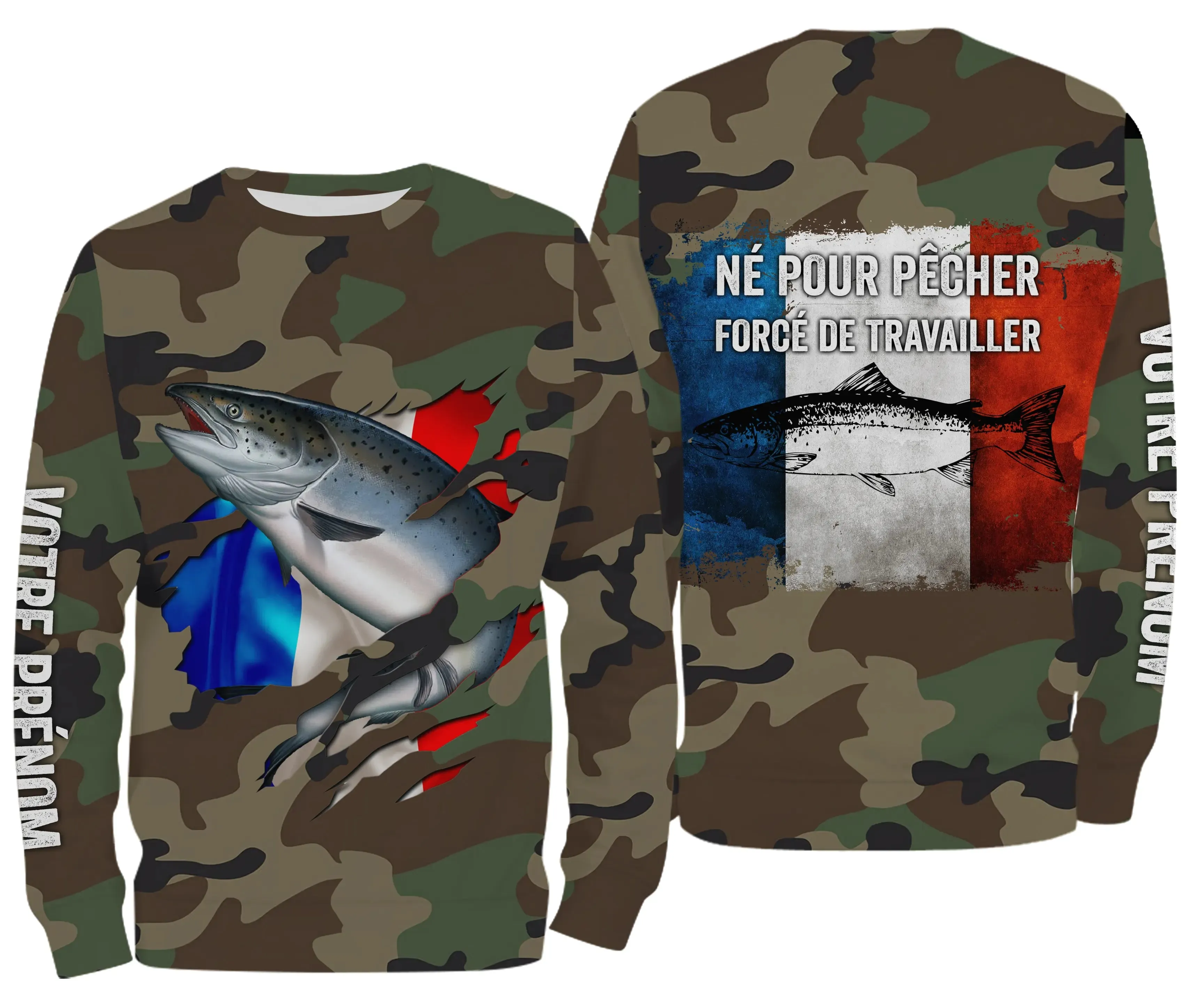 Salmon Fishing Gift, Camo Design, French Flag, Personalized Gift, Born to Fish - Work Forced.