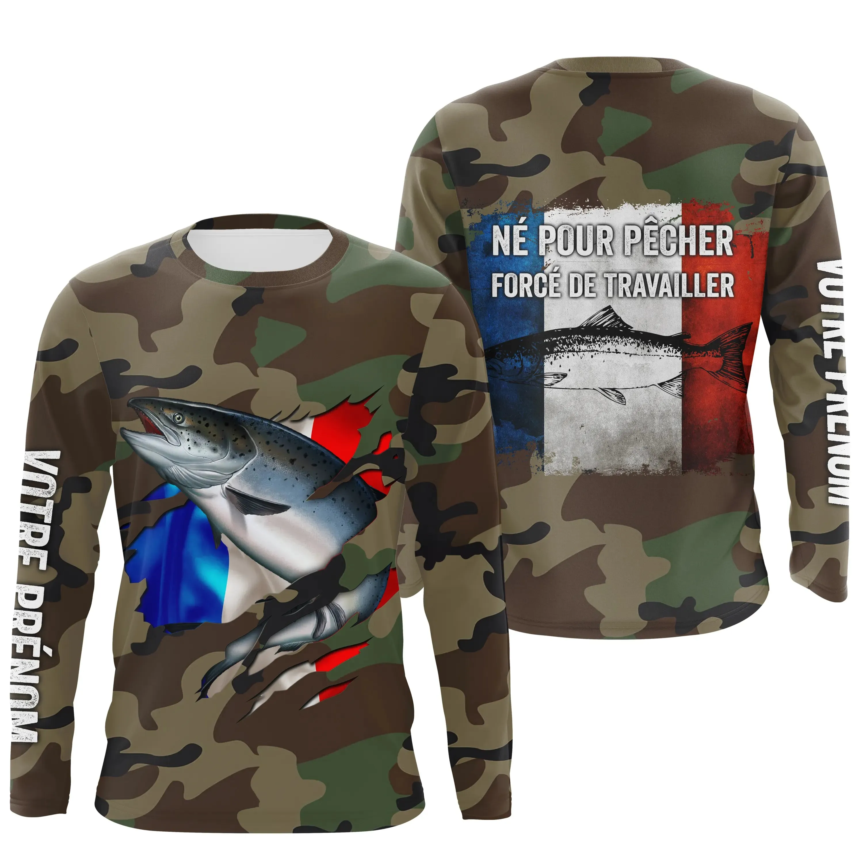 Salmon Fishing Gift, Camo Design, French Flag, Personalized Gift, Born to Fish - Work Forced.