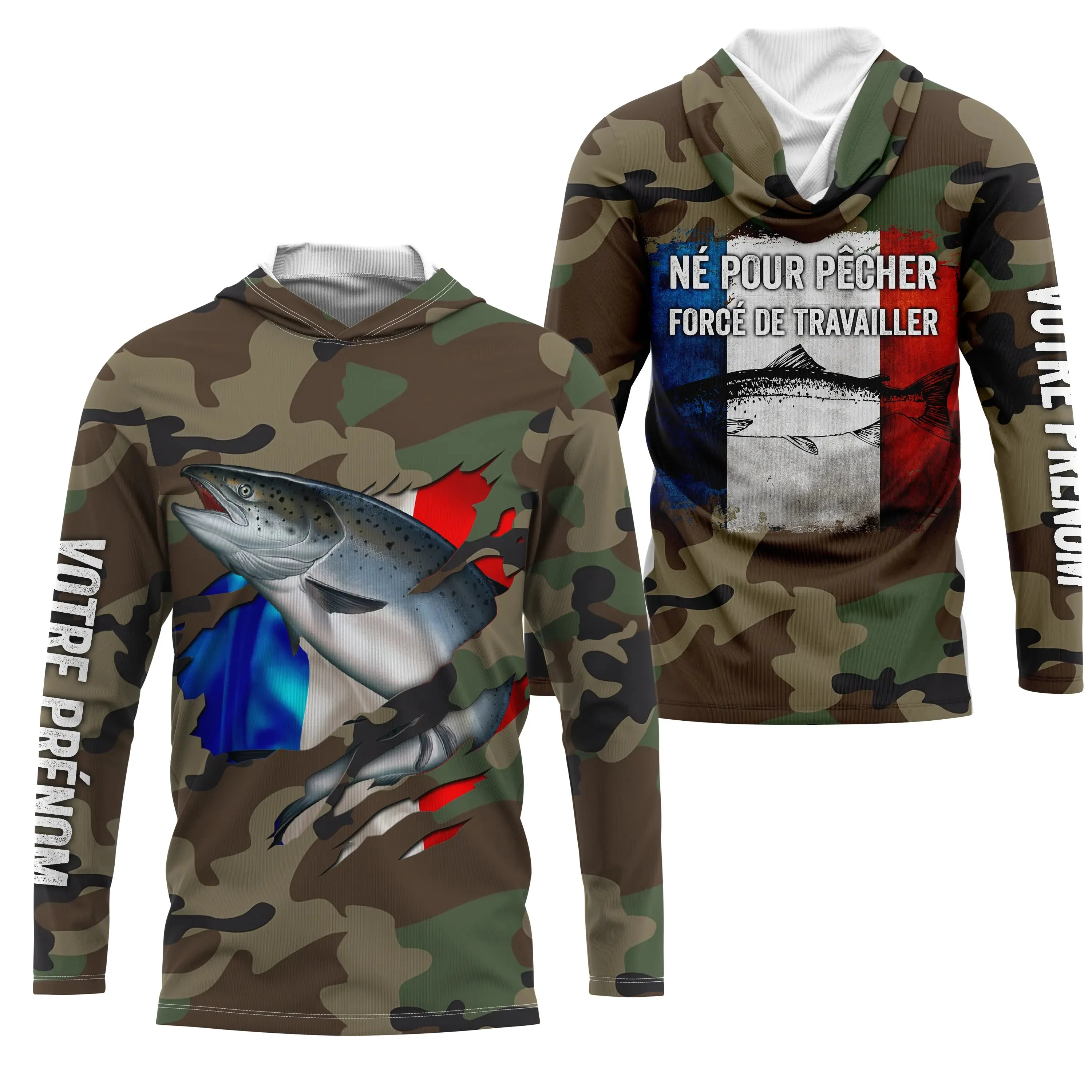 Salmon Fishing Gift, Camo Design, French Flag, Personalized Gift, Born to Fish - Work Forced.