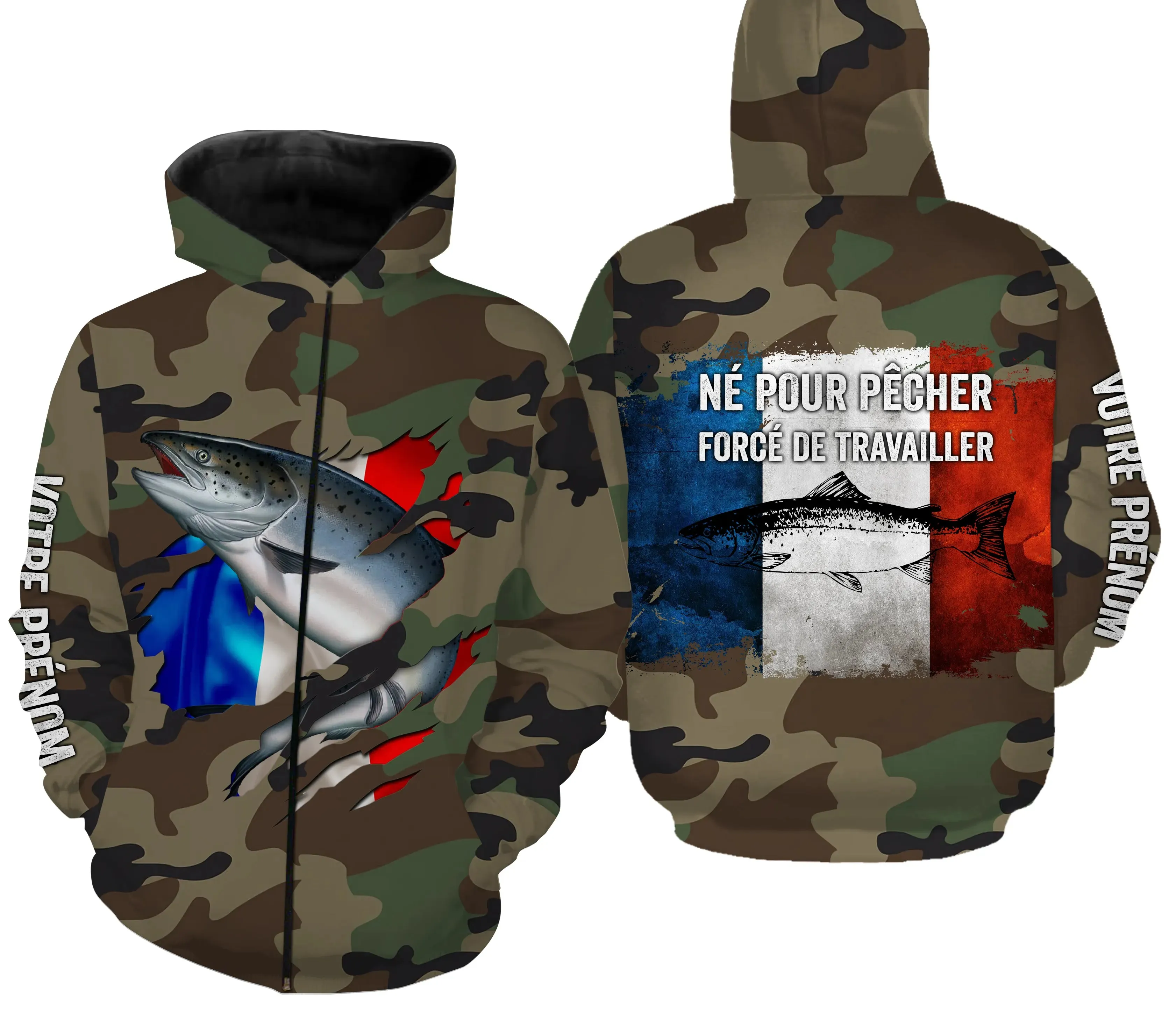 Salmon Fishing Gift, Camo Design, French Flag, Personalized Gift, Born to Fish - Work Forced.