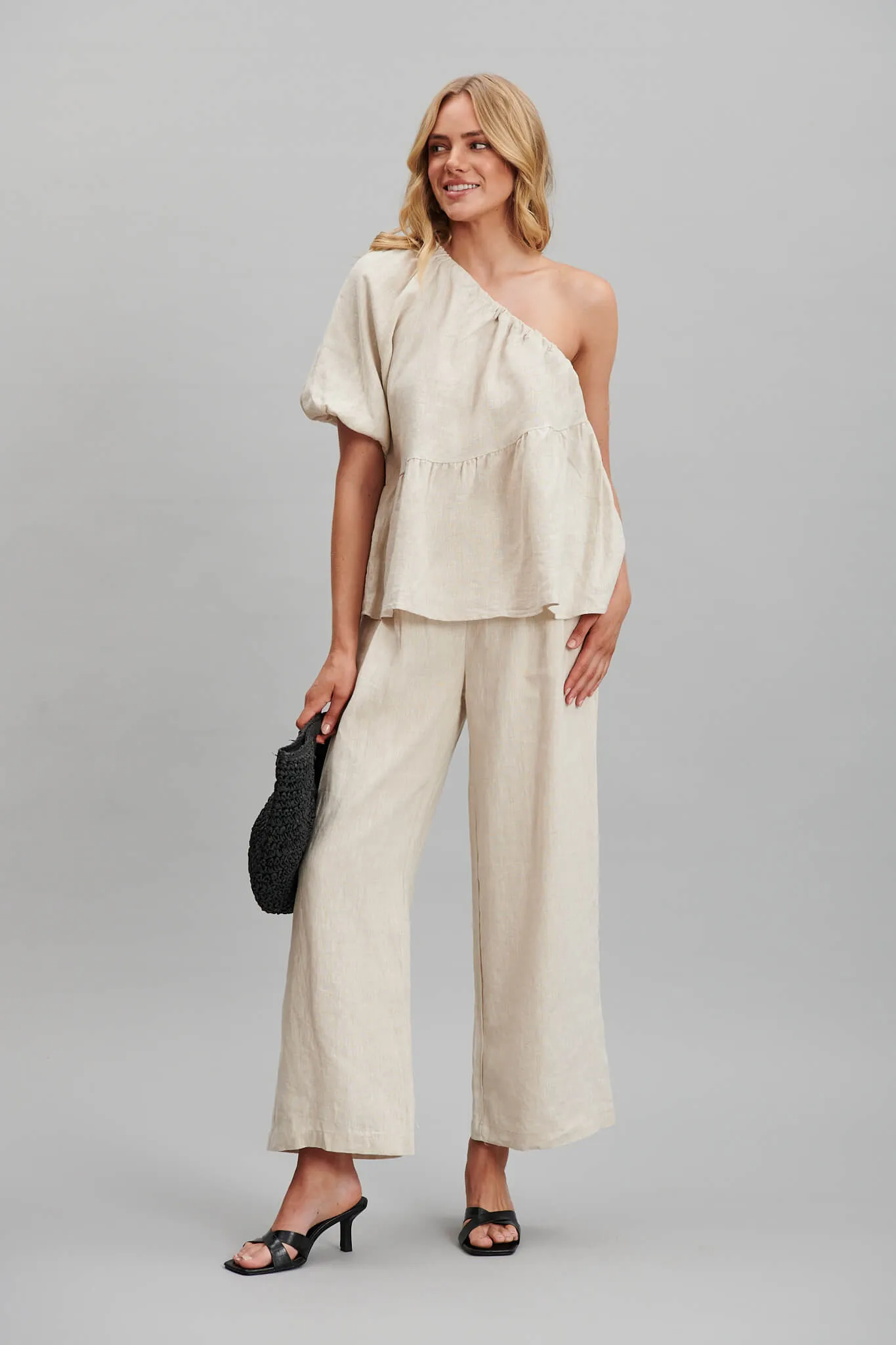 Quest One Shoulder Top In Oatmeal Pure Linen