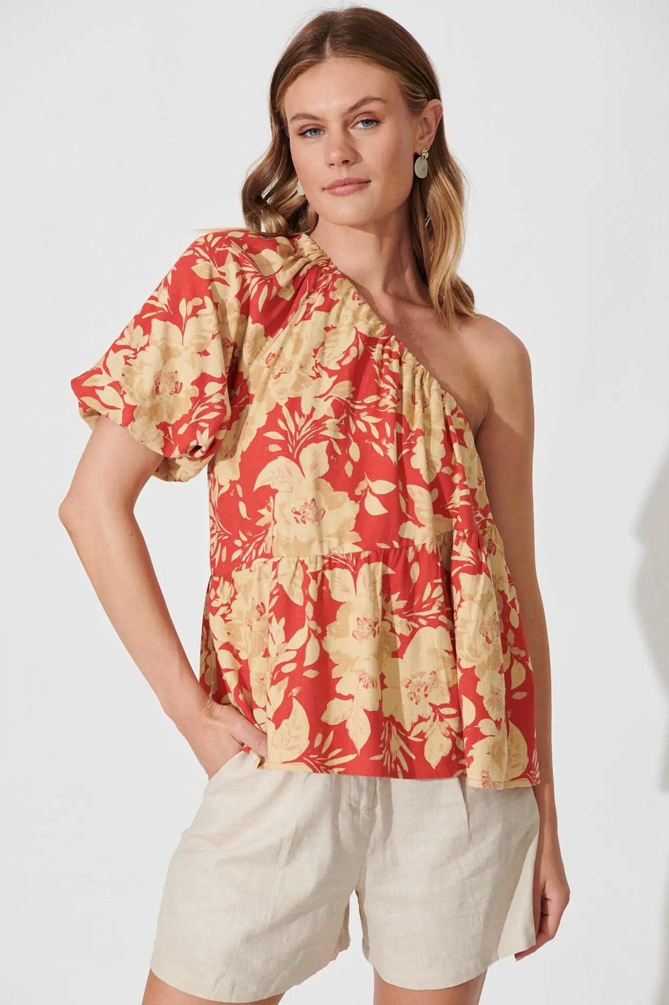 Quest One Shoulder Top In Red With Beige Floral Linen Blend