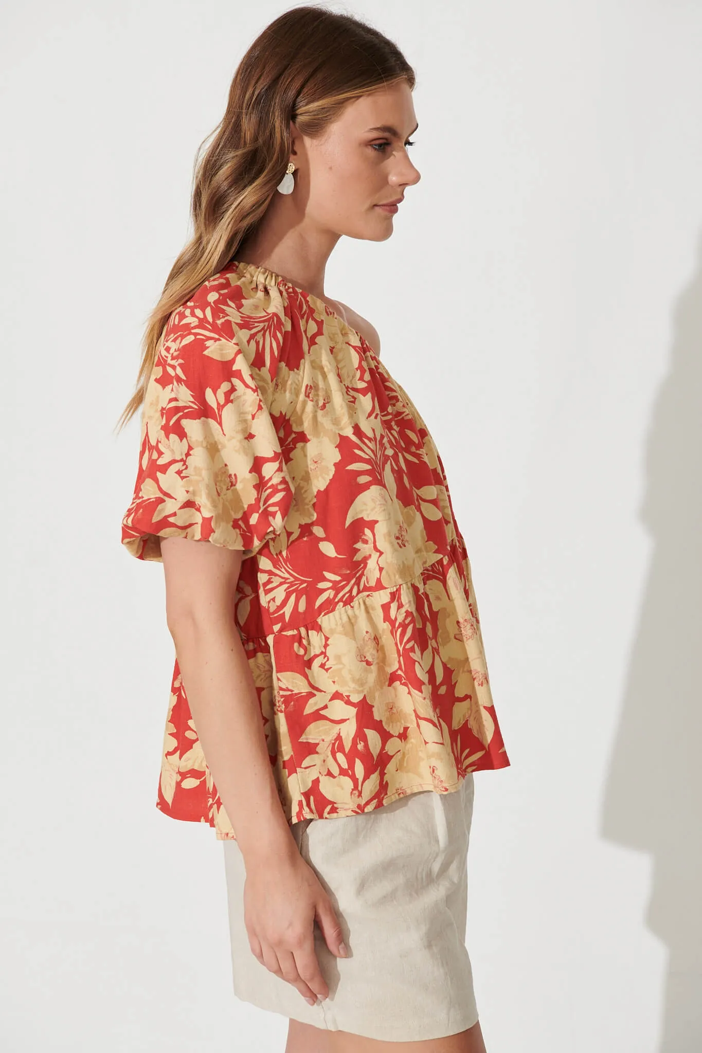 Quest One Shoulder Top In Red With Beige Floral Linen Blend