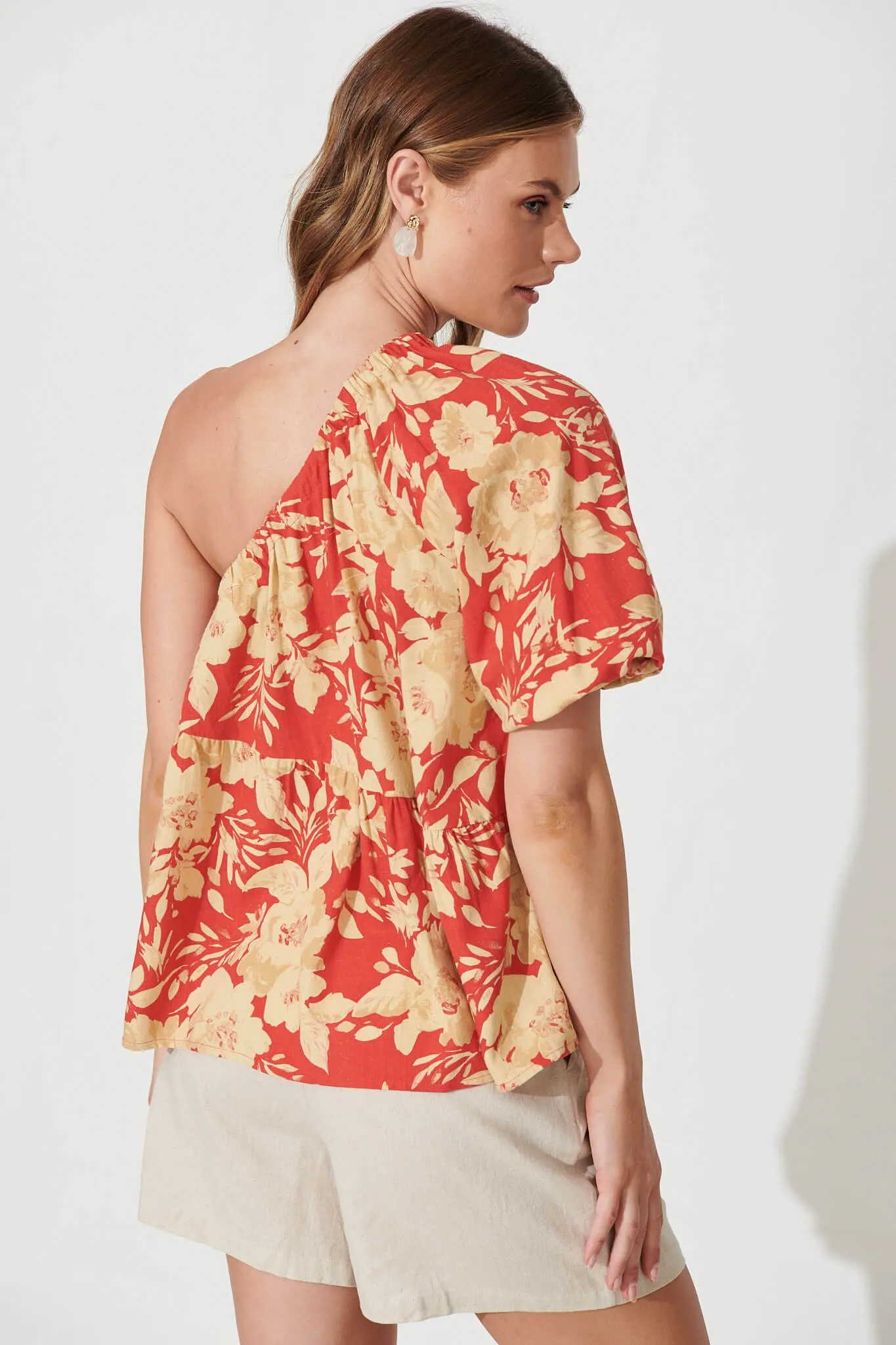 Quest One Shoulder Top In Red With Beige Floral Linen Blend