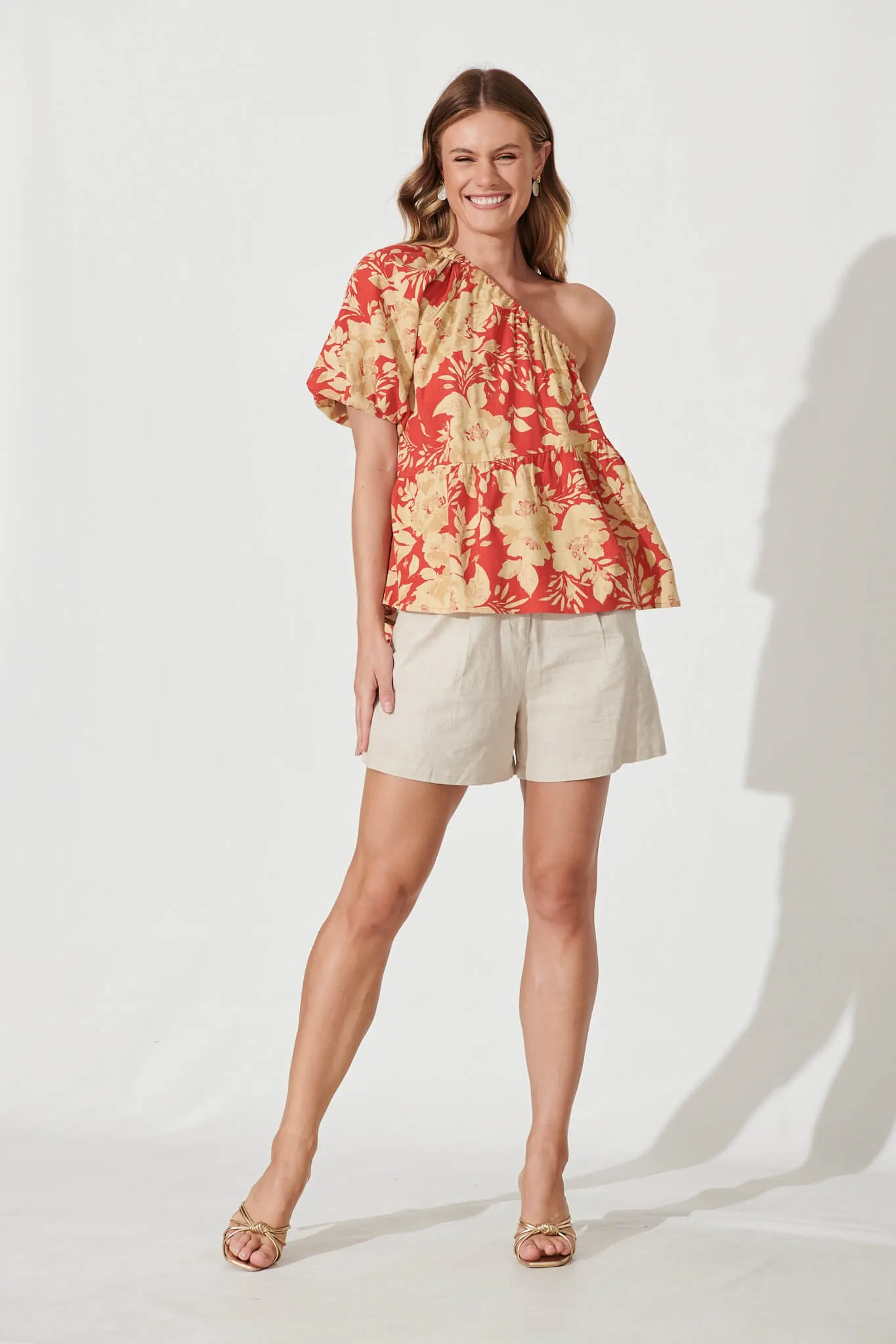 Quest One Shoulder Top In Red With Beige Floral Linen Blend