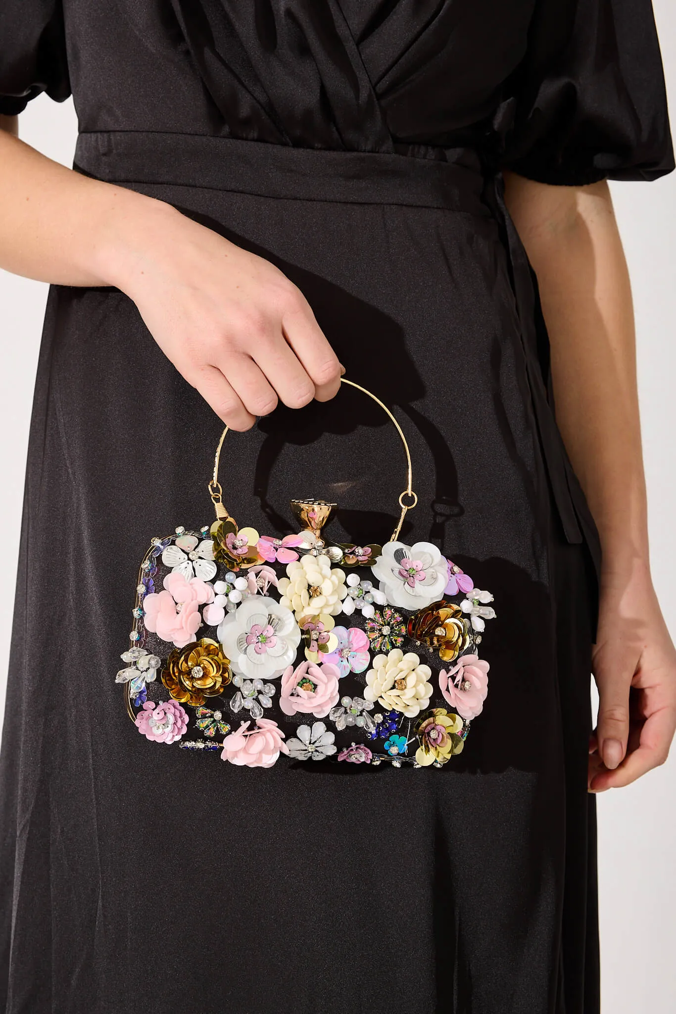 Quinn Clutch Bag in Black with 3D Multi Sequin Floral