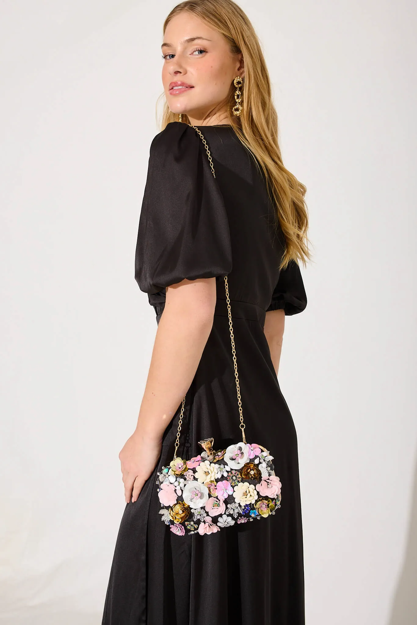 Quinn Clutch Bag in Black with 3D Multi Sequin Floral