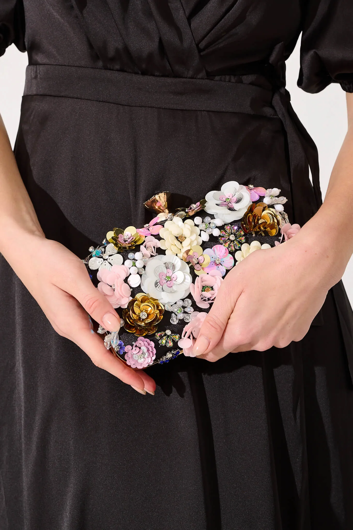 Quinn Clutch Bag in Black with 3D Multi Sequin Floral