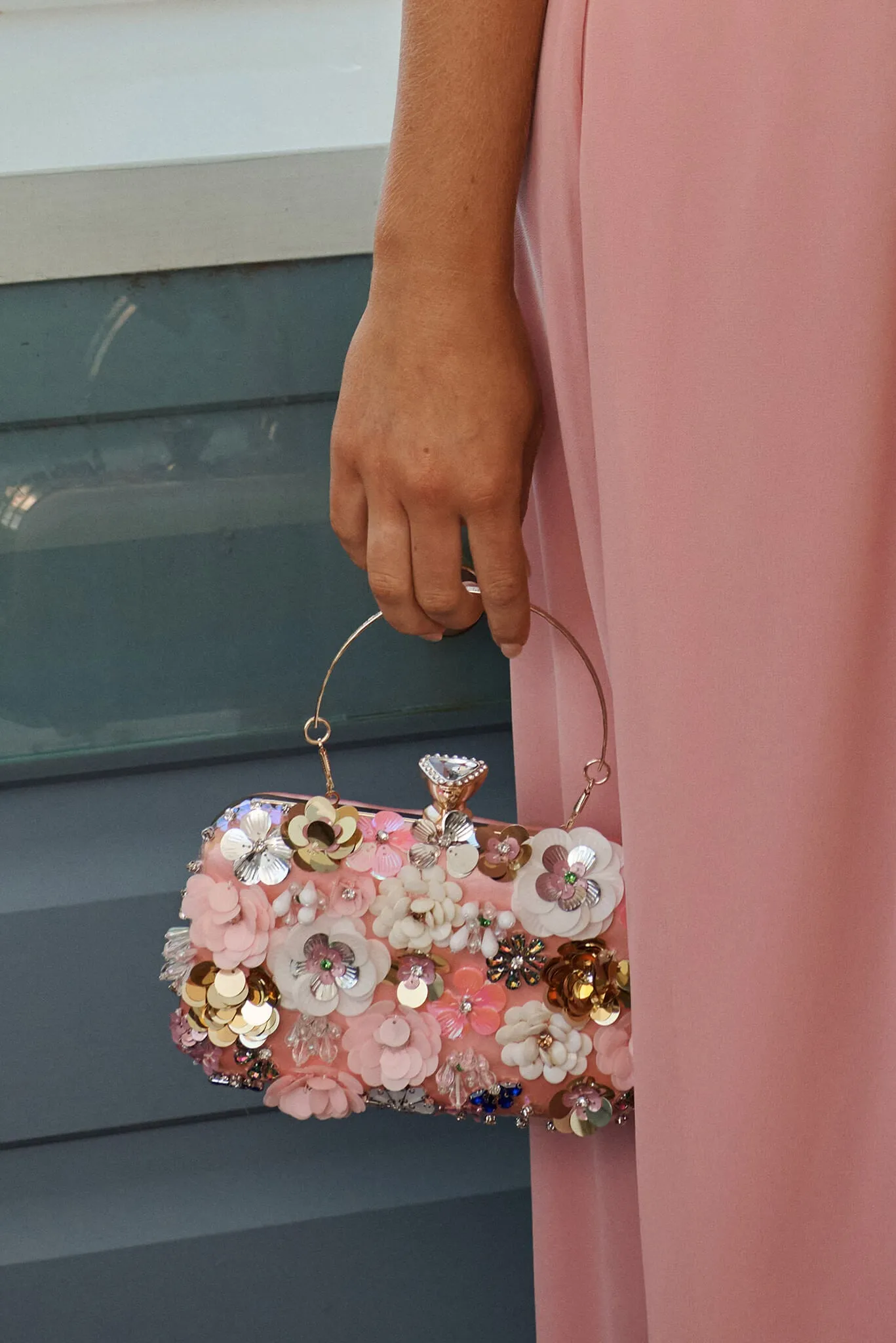 Quinn Clutch Bag in Blush with 3D Multi Sequin Floral