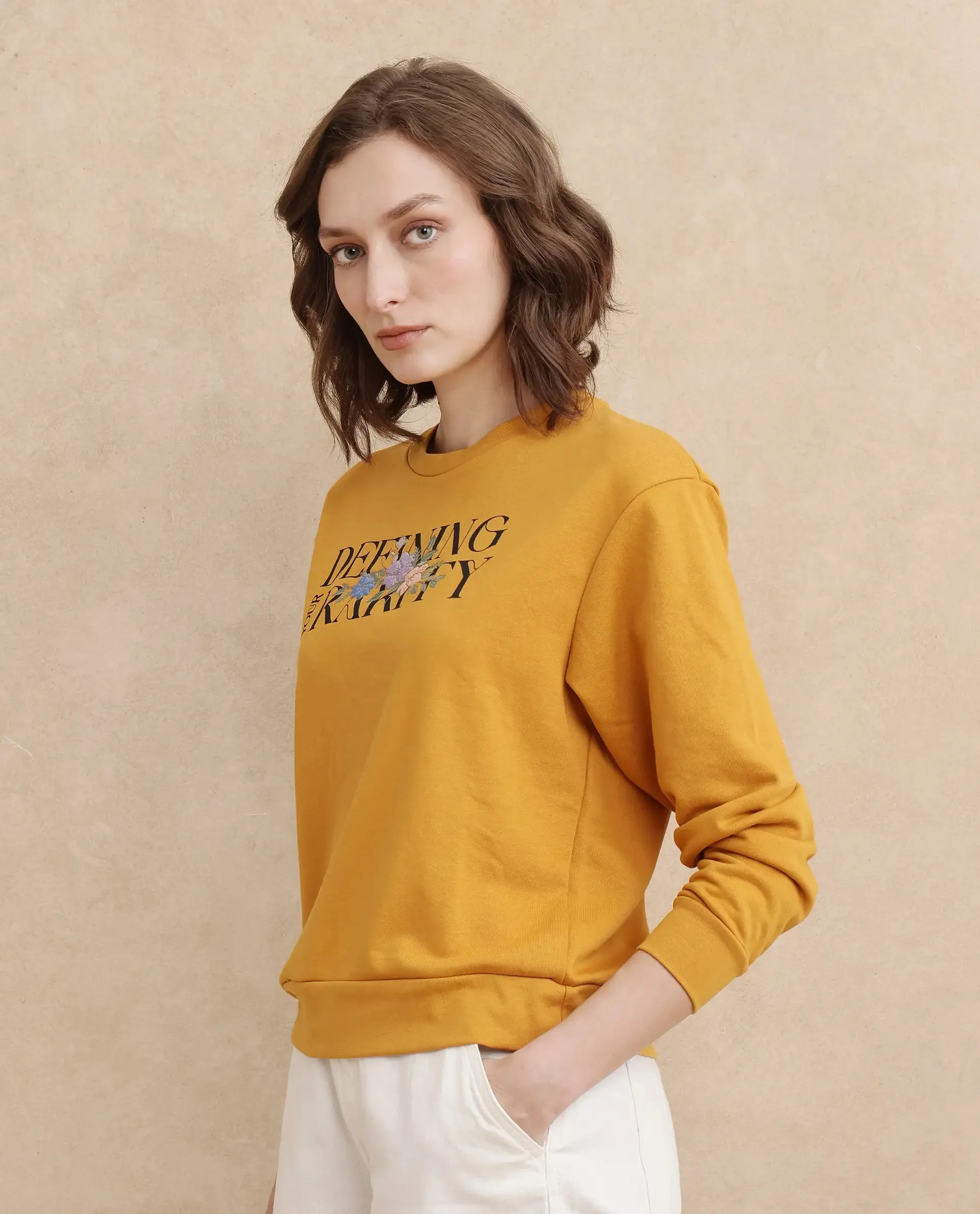 Rareism Women Defni Dusky Mustard Cotton Blend Fabric Full Sleeve Crew Neck Relaxed Fit Graphic Print Sweatshirt