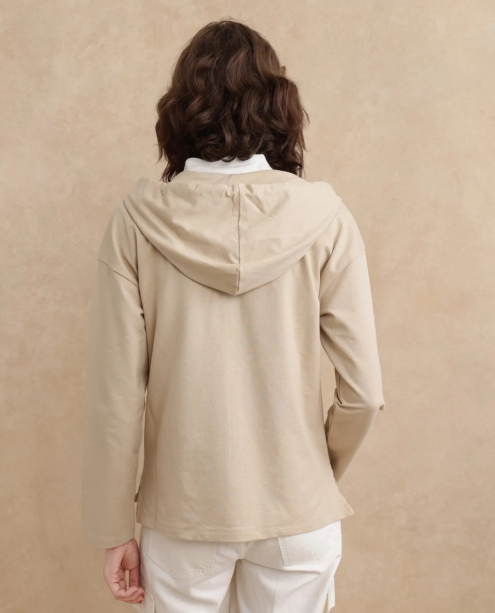 Rareism Women Leth Light Brown Cotton Blend Fabric Full Sleeve Hooded Zipper Closure Relaxed Fit Plain Sweatshirt