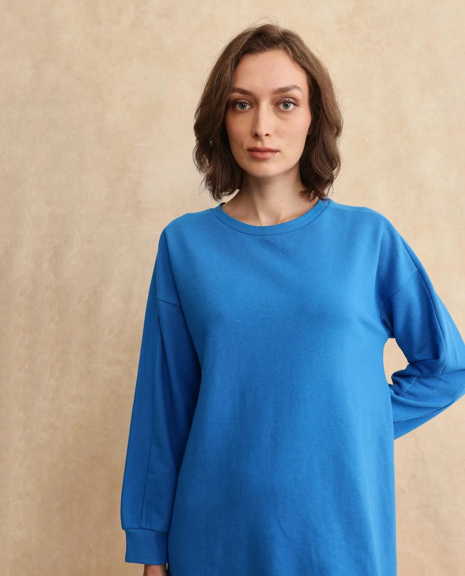 Rareism Women Mauritz Blue Cotton Blend Fabric Full Sleeve Crew Neck Relaxed Fit Knee Length Plain Sweatshirt