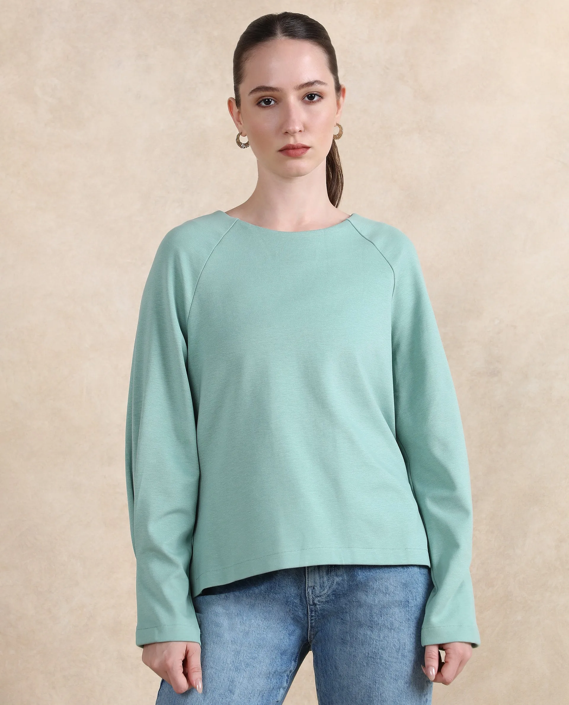 Rareism Women Men'sto Dusky Green Cotton Viscose Fabric Full Sleeve Round Neck Relaxed Fit Plain Sweatshirt