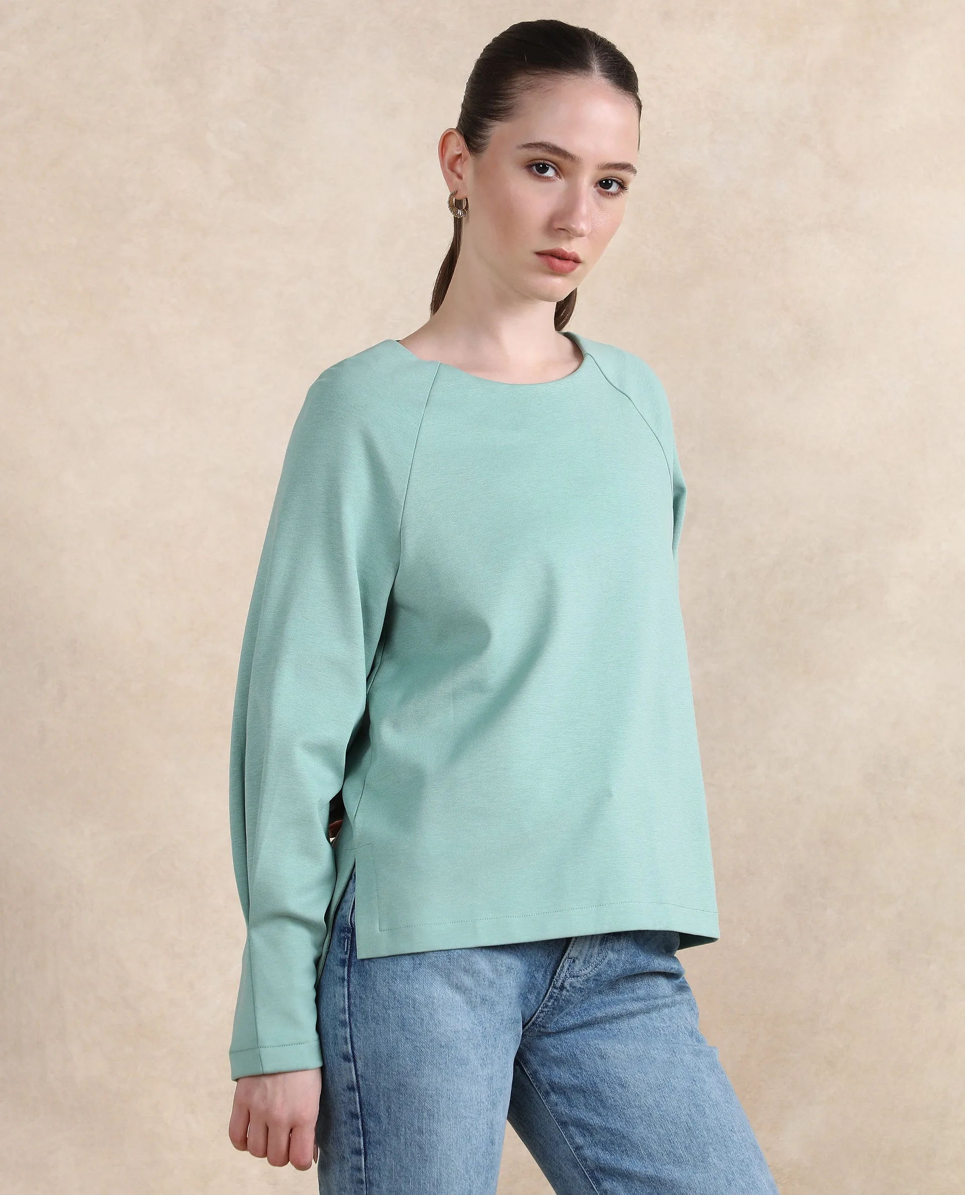 Rareism Women Men'sto Dusky Green Cotton Viscose Fabric Full Sleeve Round Neck Relaxed Fit Plain Sweatshirt