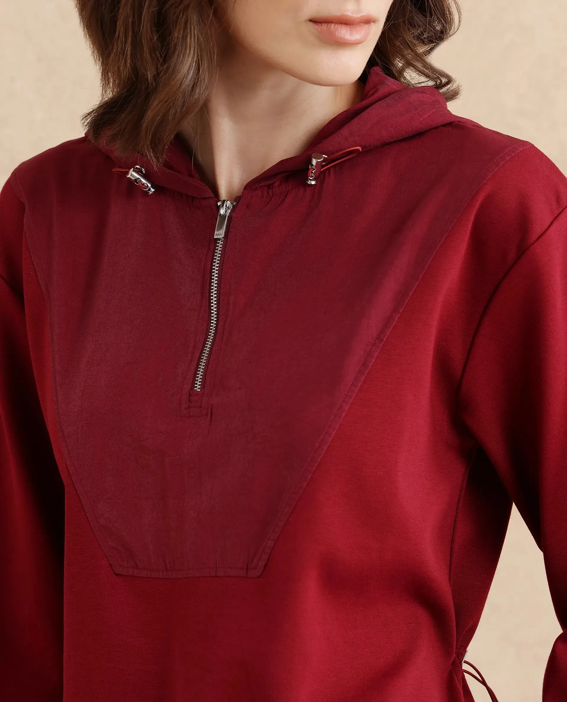 Rareism Women Vancouver Maroon Cotton Viscose Fabric Full Sleeve Hooded Zipper Closure Relaxed Fit Plain Sweatshirt