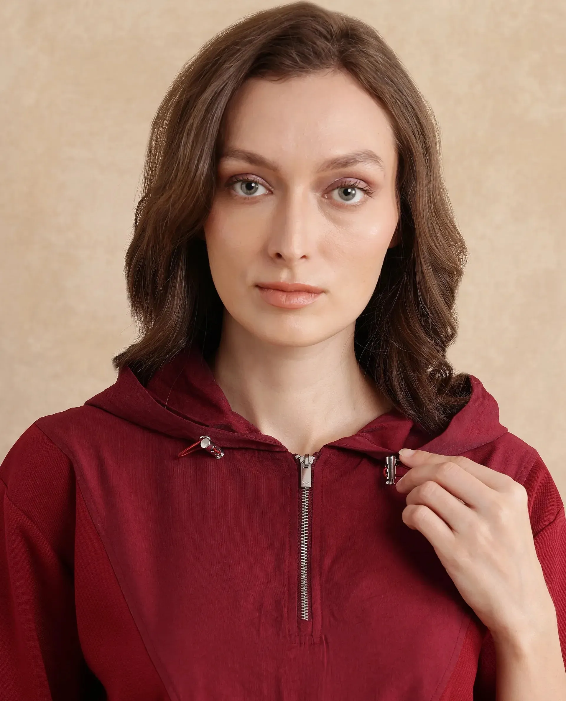 Rareism Women Vancouver Maroon Cotton Viscose Fabric Full Sleeve Hooded Zipper Closure Relaxed Fit Plain Sweatshirt