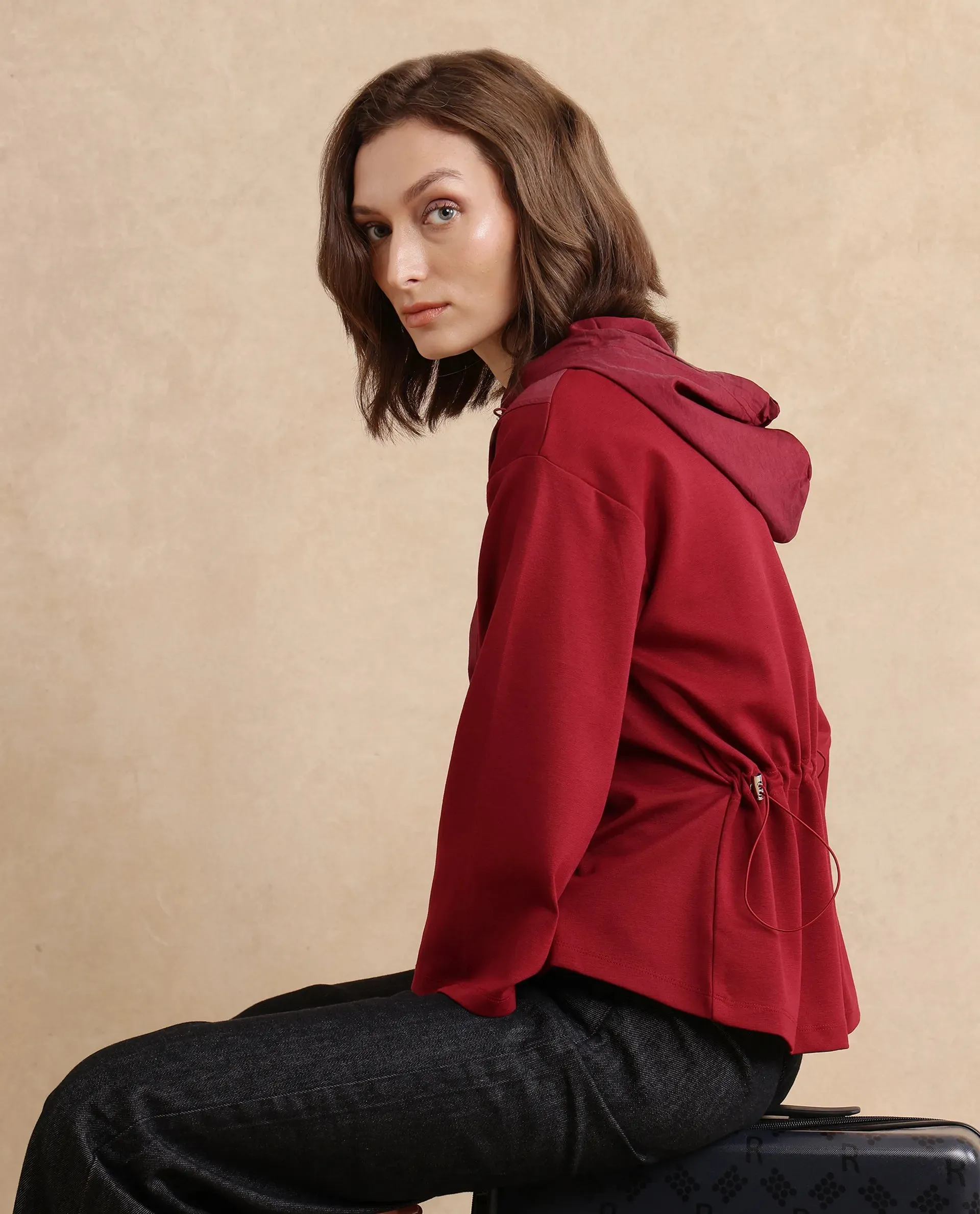 Rareism Women Vancouver Maroon Cotton Viscose Fabric Full Sleeve Hooded Zipper Closure Relaxed Fit Plain Sweatshirt