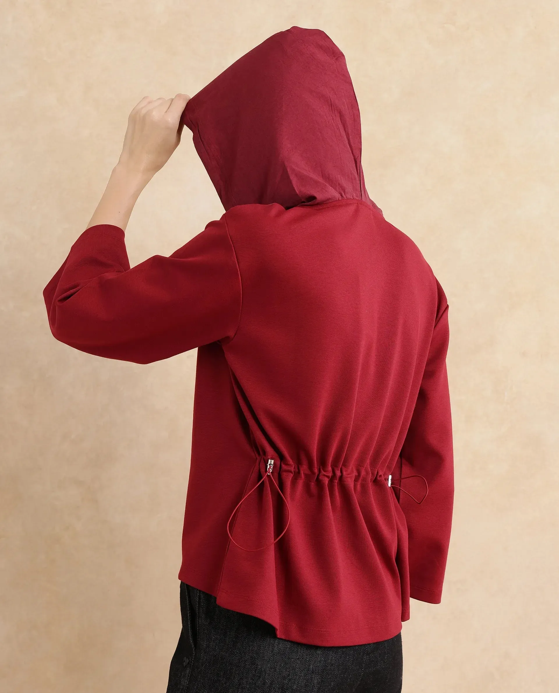 Rareism Women Vancouver Maroon Cotton Viscose Fabric Full Sleeve Hooded Zipper Closure Relaxed Fit Plain Sweatshirt