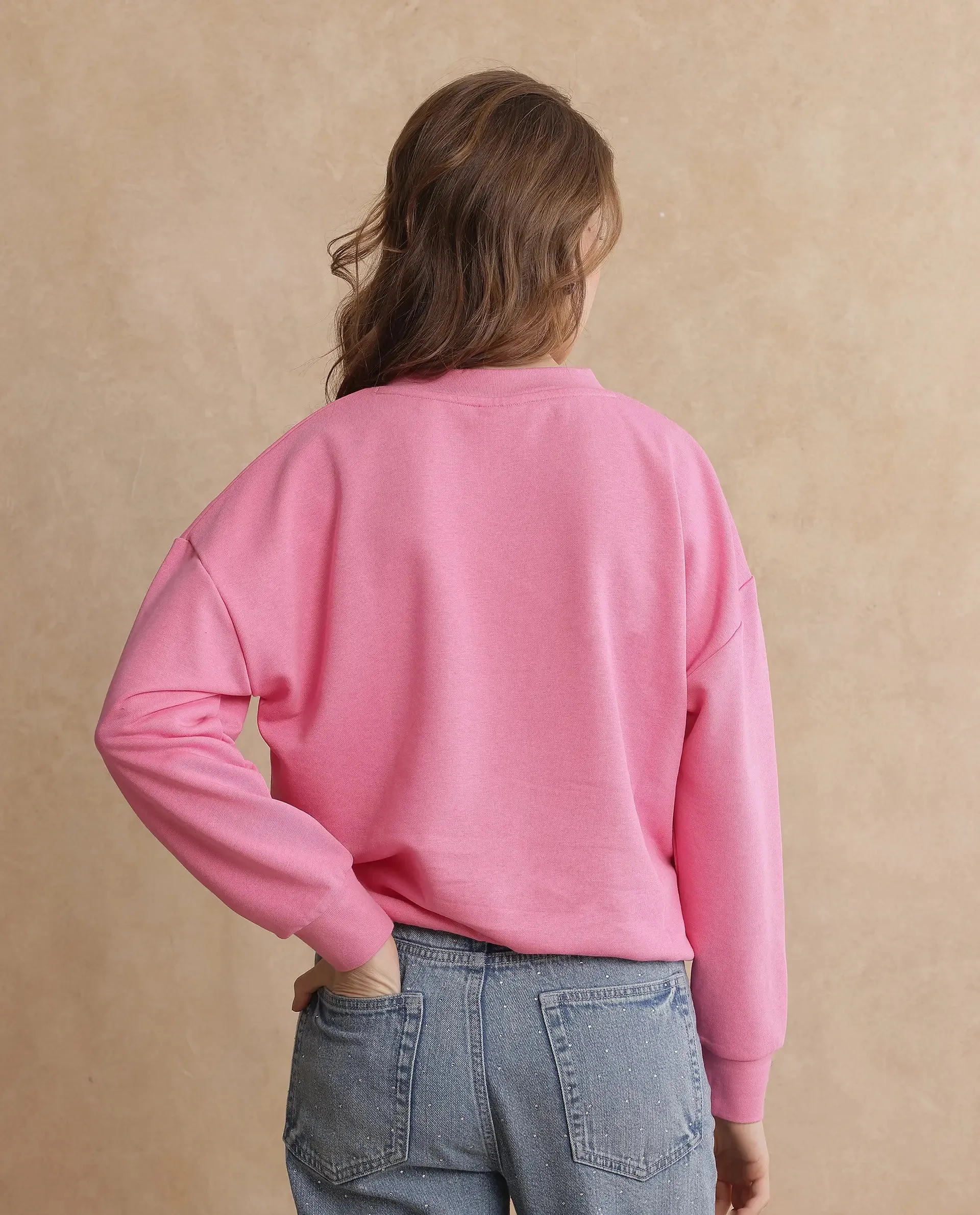 Rareism Women Vitoo Pink Cotton Blend Fabric Full Sleeve Round Neck Relaxed Fit Plain Sweatshirt