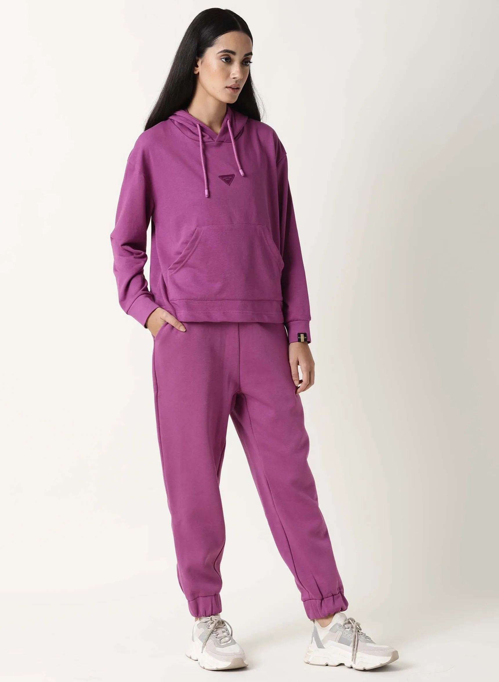 Rareism Women Wally-1 Purple Cotton Poly Fabric Relaxed Fit Full Sleeves Solid Hooded Sweatshirt