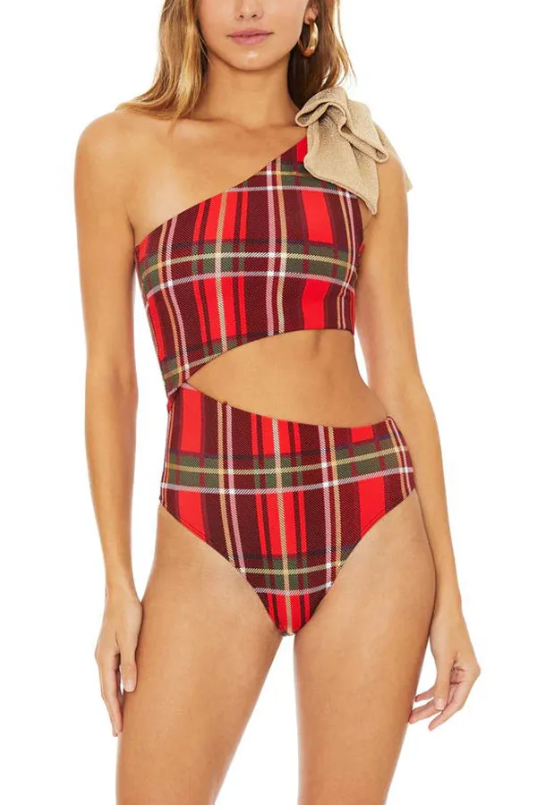 Ready for A Lil Holiday Plaid One Shoulder One-Piece Swimsuit