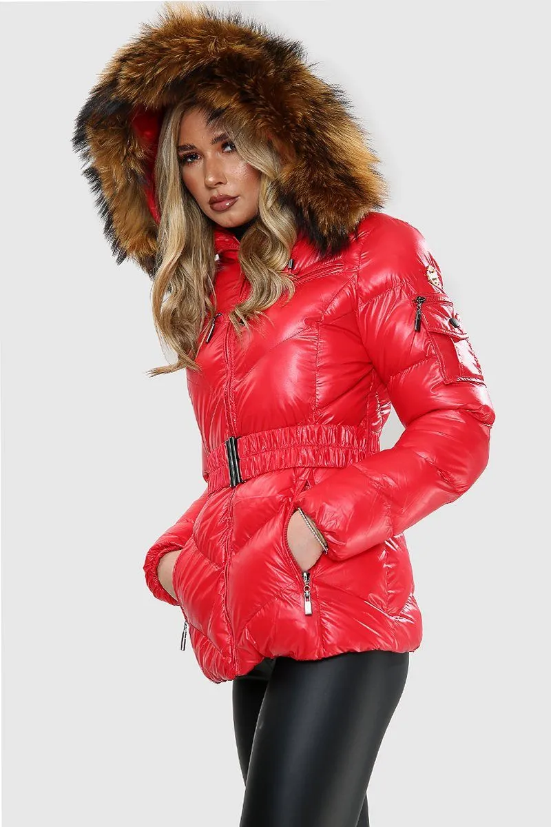 Red Wet Look Natural Fur Hood Puffa Jacket