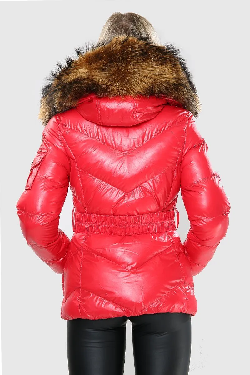 Red Wet Look Natural Fur Hood Puffa Jacket