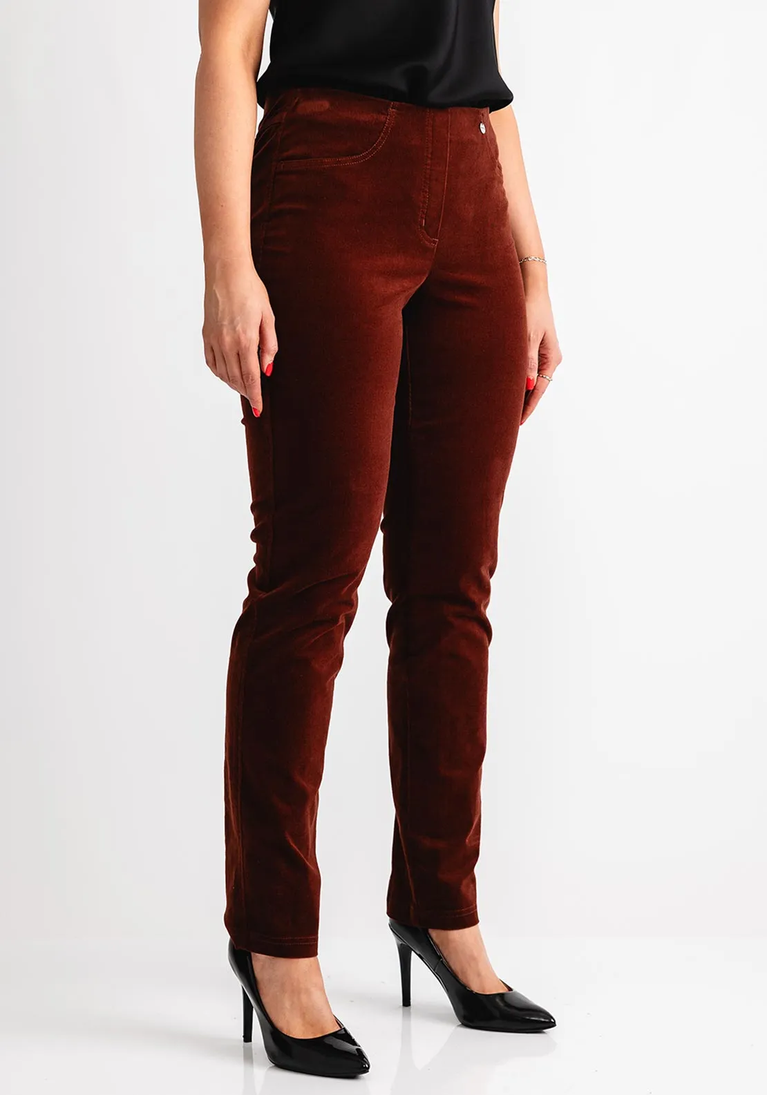 Robell Bella Cord Stretch Slim Leg Trousers, Rust Brown