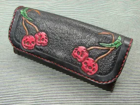 Rockabilly leather wallet with cherries and skull design for women.