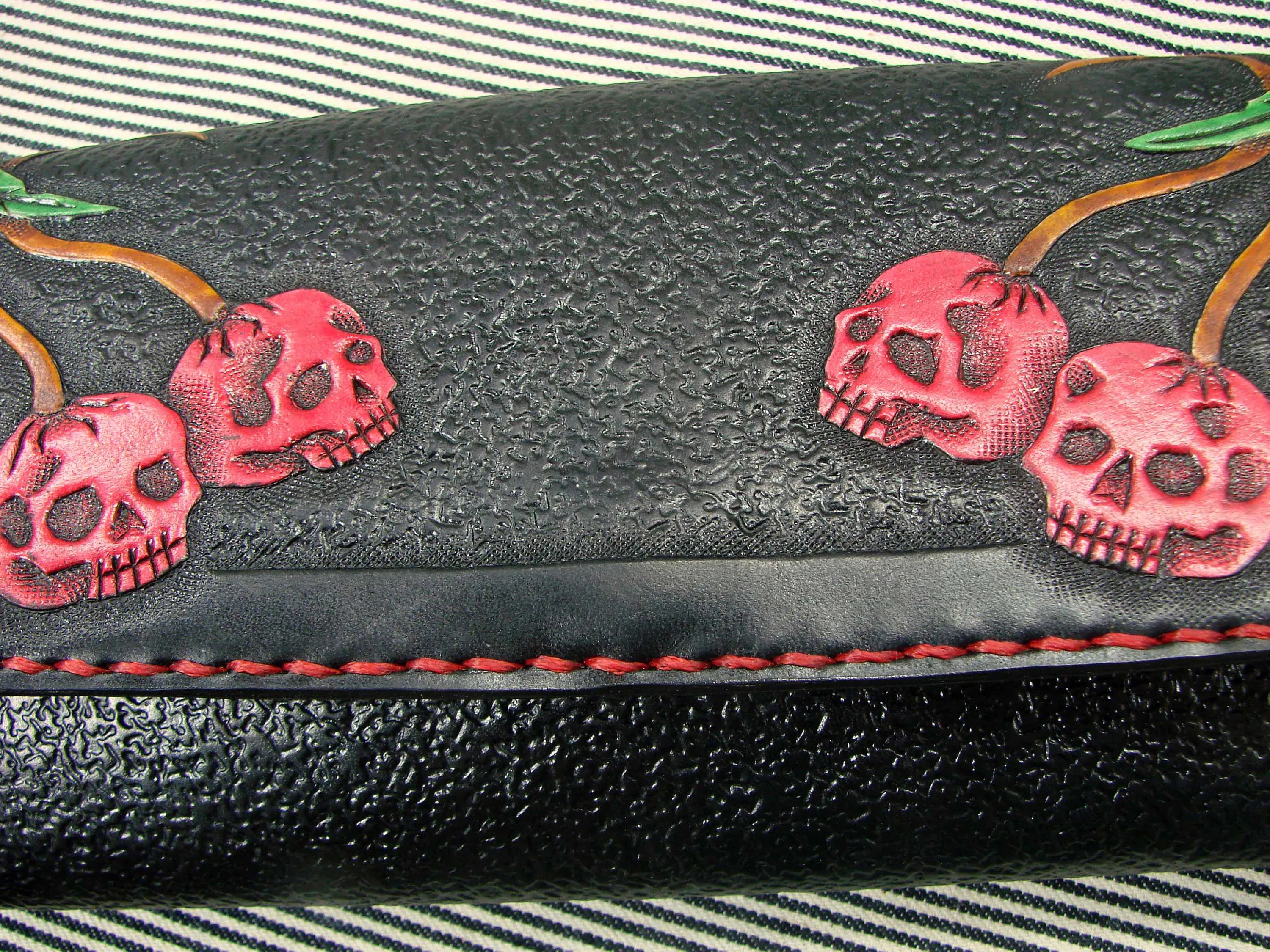 Rockabilly leather wallet with cherries and skull design for women.