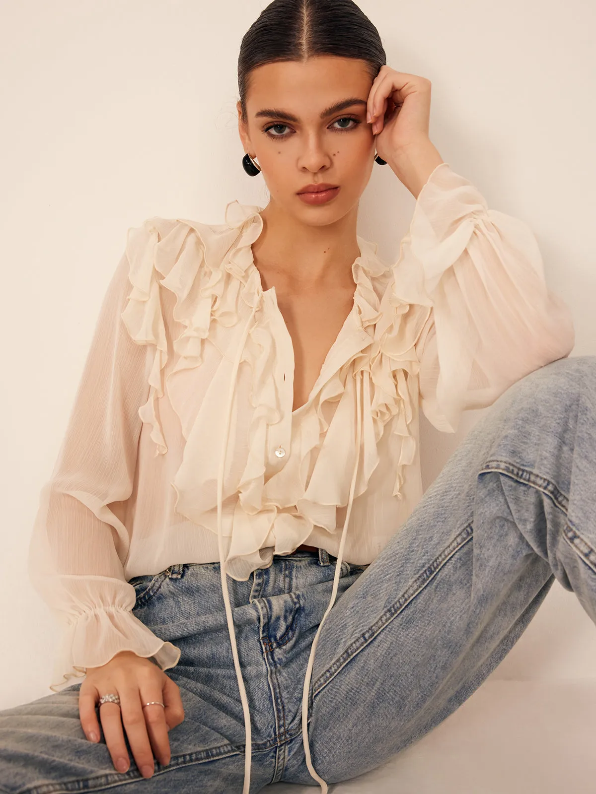 Ruffle Chiffon Breasted Thin Shirt