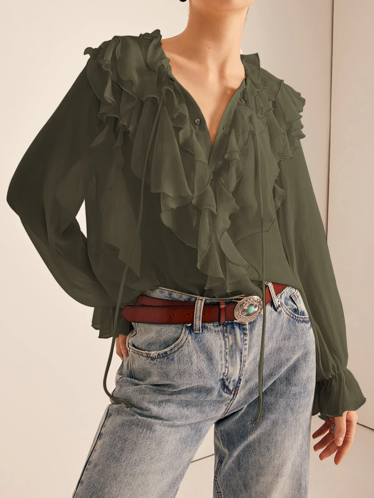 Ruffle Chiffon Breasted Thin Shirt