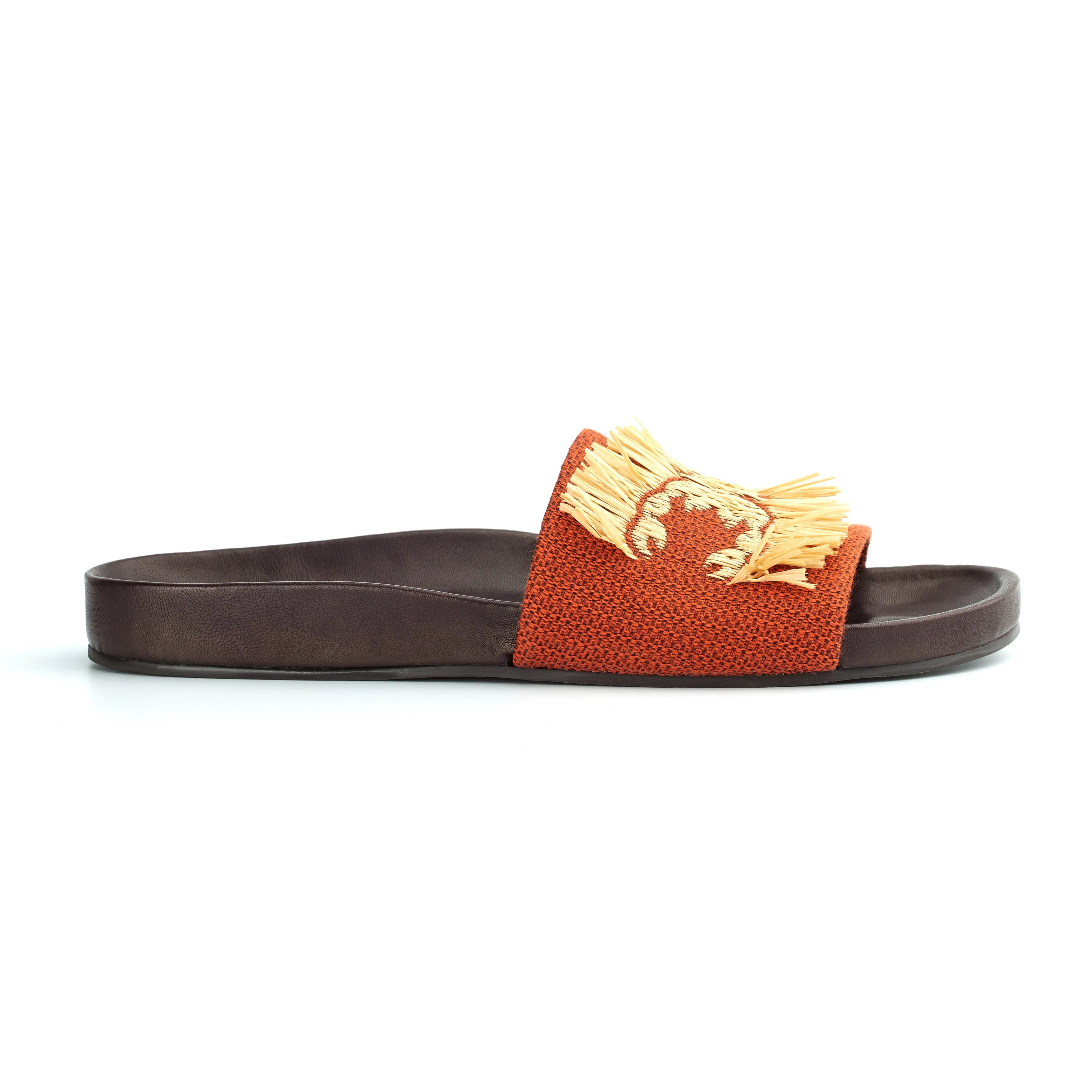 Sara Raffia Embroidered Orange Canvas Slides