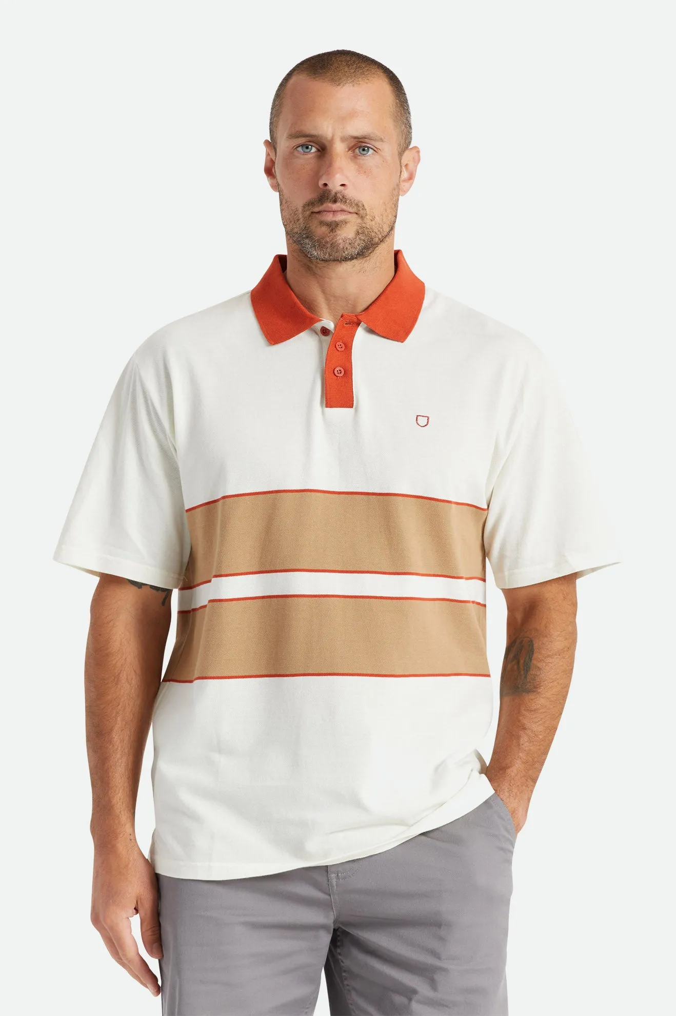 Shield Boxy S/S Polo Knit - Off White/Tan