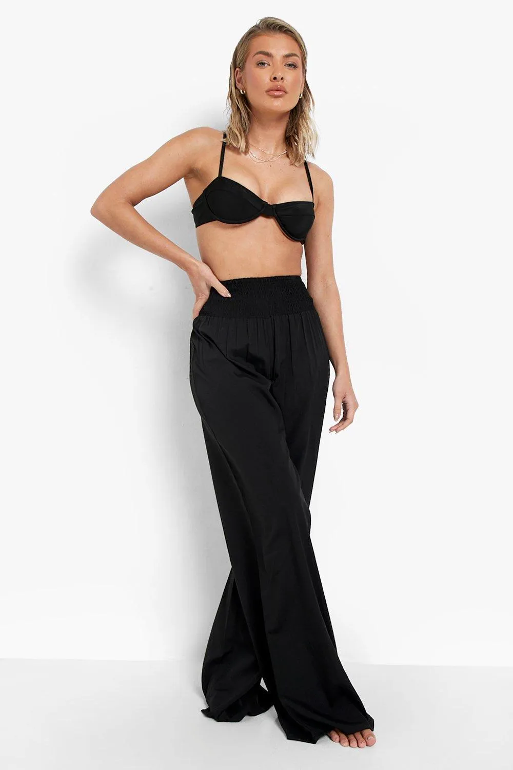 Shirred Waistband Wide Leg Beach Trousers