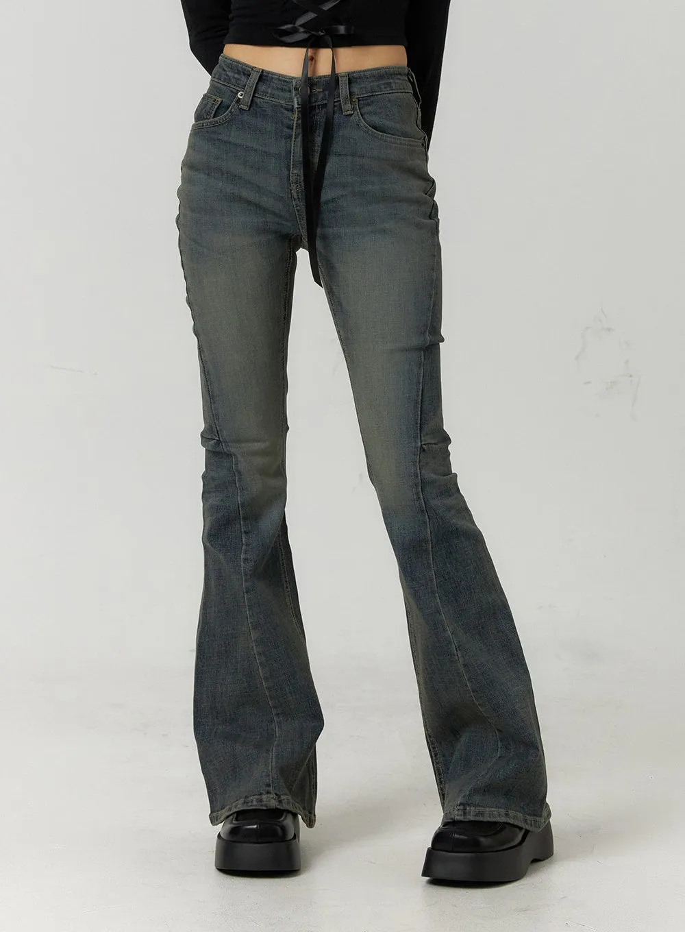 Slim Bootcut High Waist Jeans - Washed Denim CF407