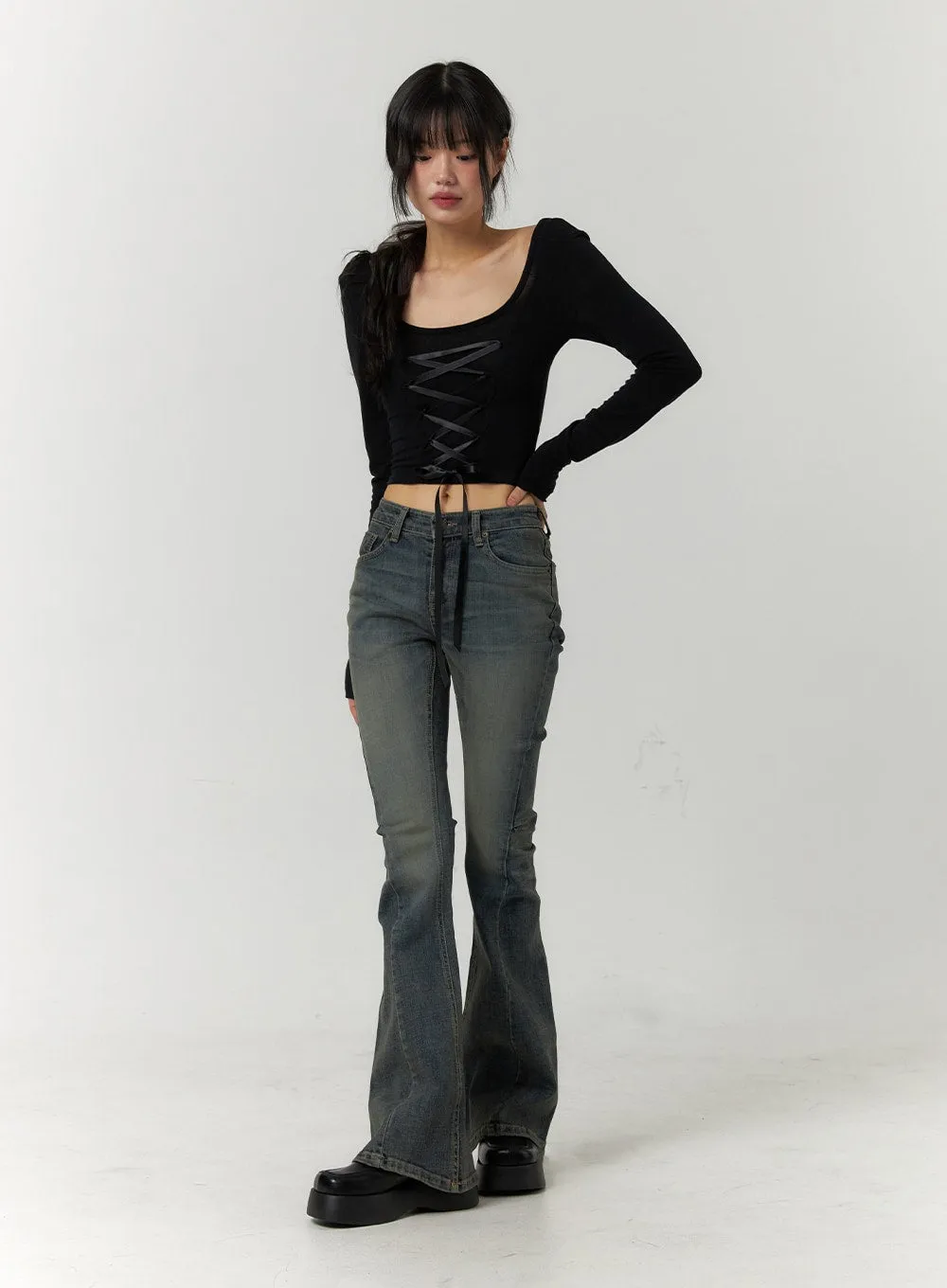 Slim Bootcut High Waist Jeans - Washed Denim CF407