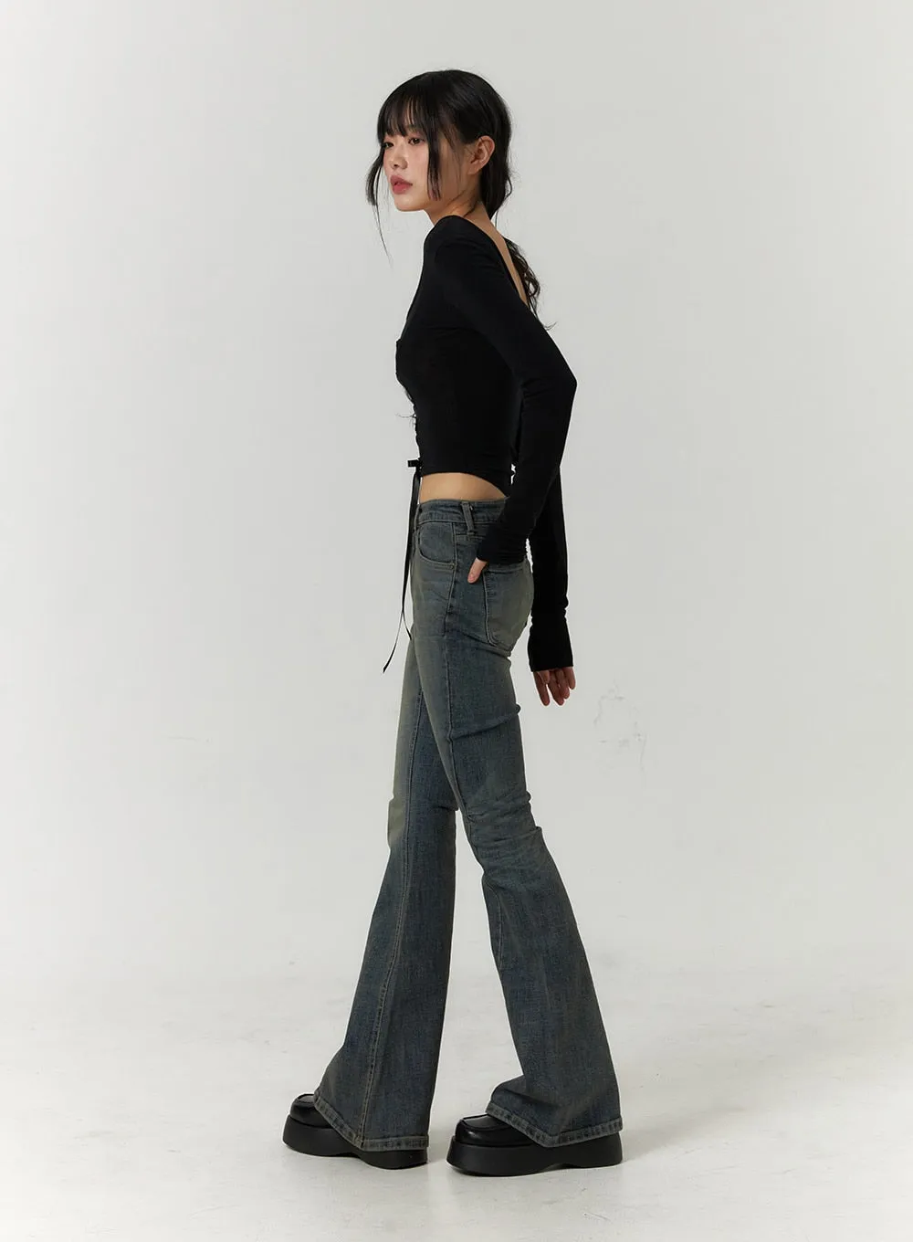 Slim Bootcut High Waist Jeans - Washed Denim CF407