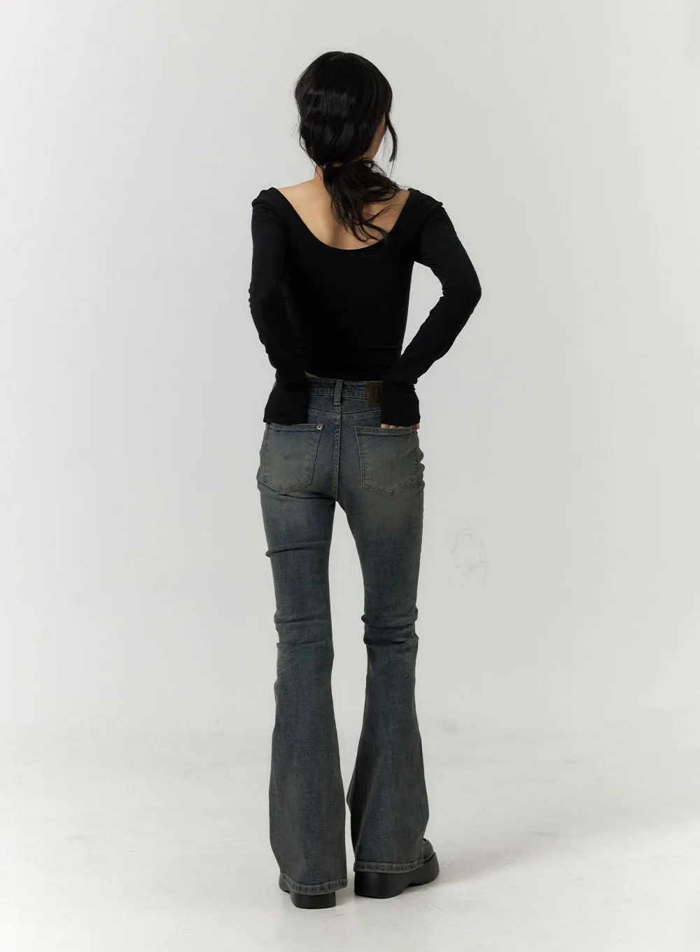 Slim Bootcut High Waist Jeans - Washed Denim CF407