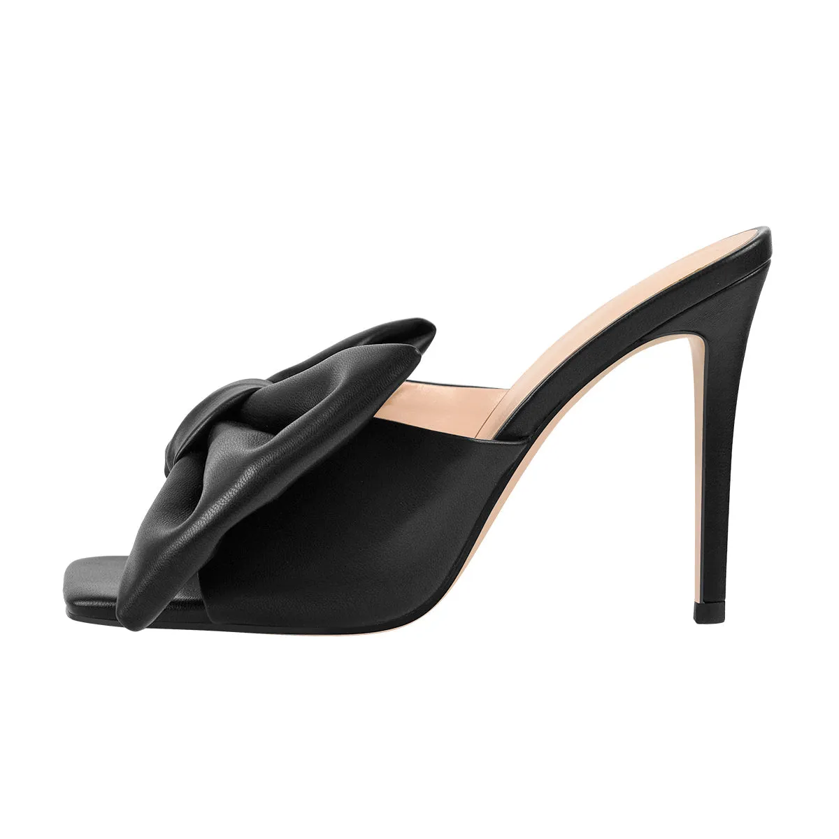 Square Toe Black Leather High Stiletto Heel Sandals