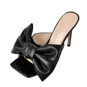 Square Toe Black Leather High Stiletto Heel Sandals