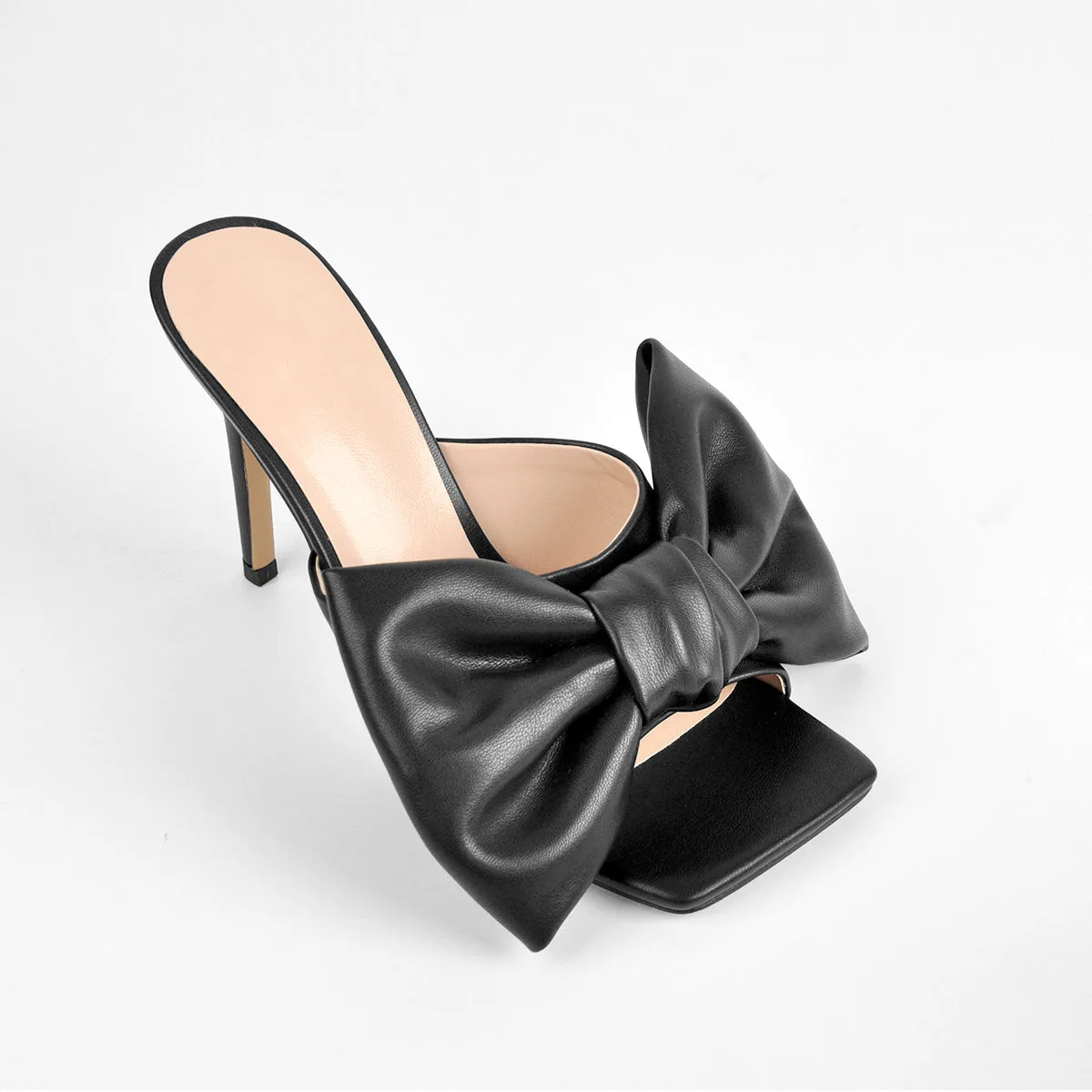 Square Toe Black Leather High Stiletto Heel Sandals