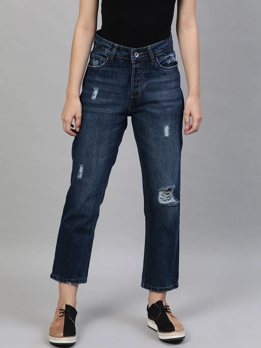 Straight Fit Mid-Rise Distressed Jeans