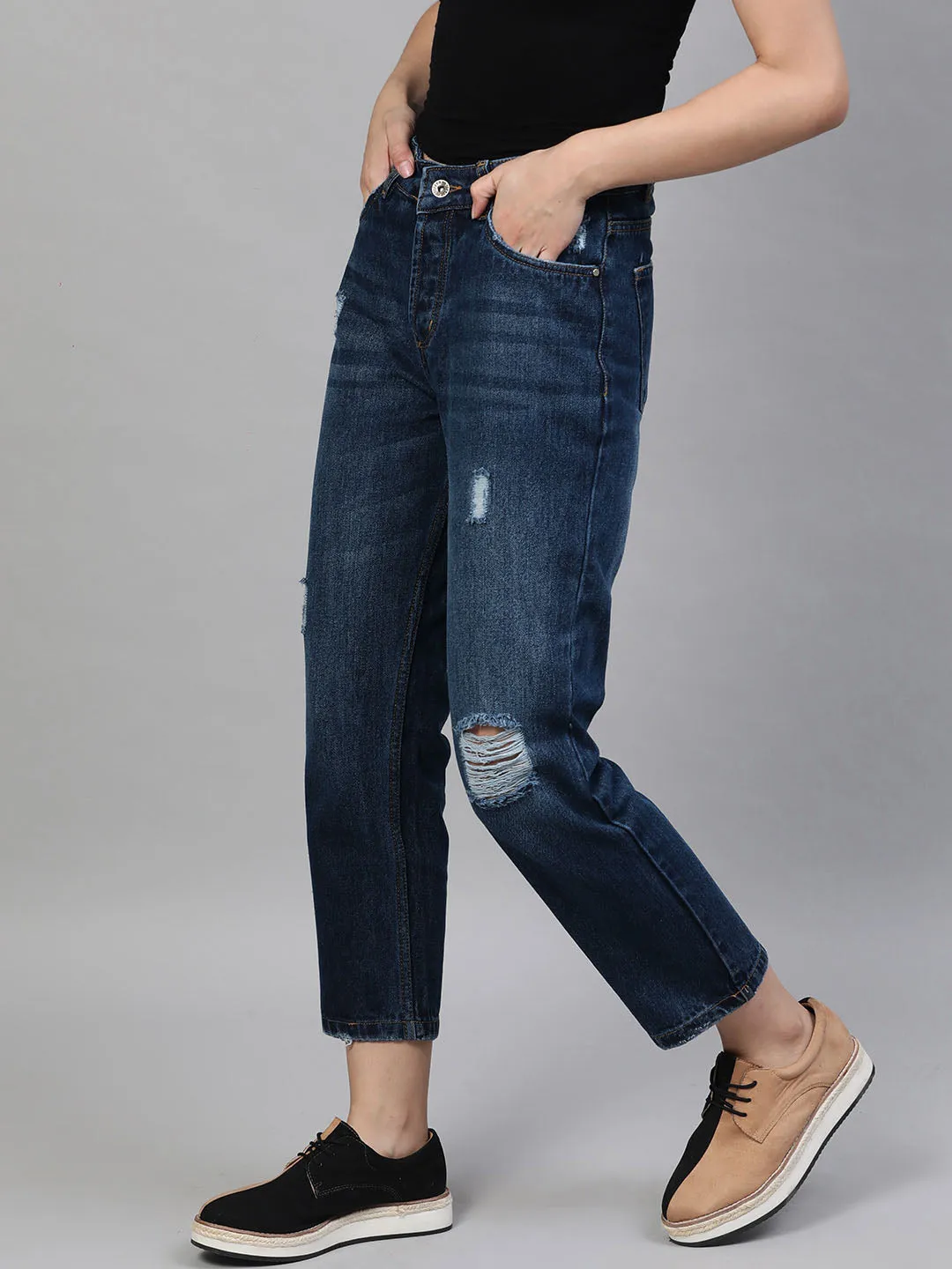 Straight Fit Mid-Rise Distressed Jeans