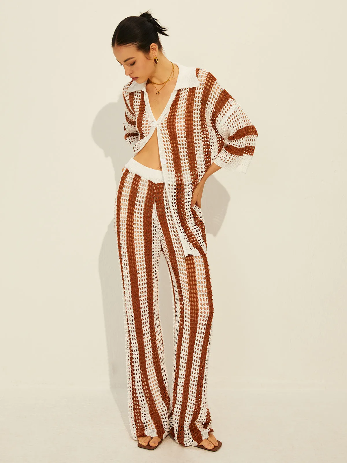 Stripe Polo Knit Pants Set