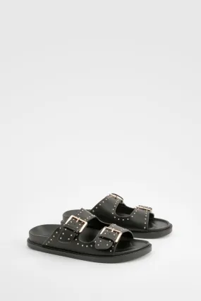 Studded Footbed Buckle Slides