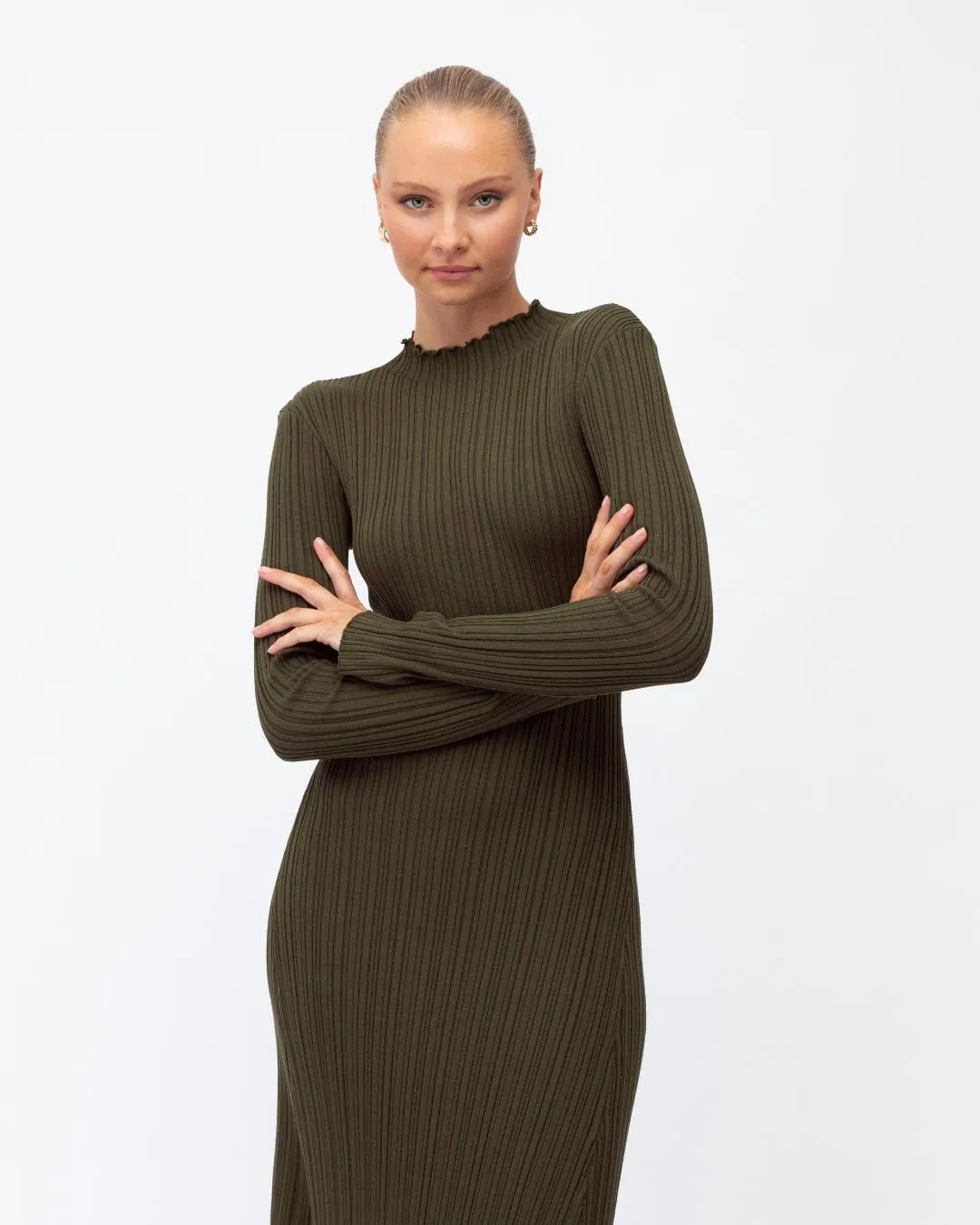 Stylish Olive High Neck Knit Dress